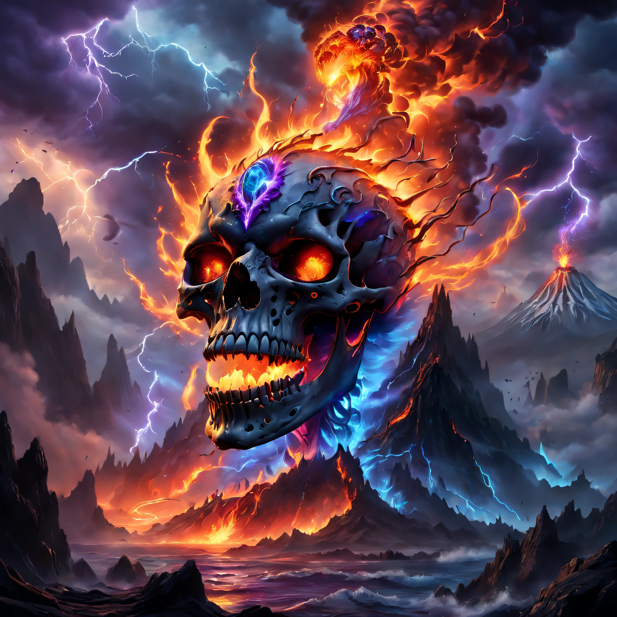 Doomsday landscape,a volcano erupts,fire glow,blasts,molten lava,A skeleton face emerged from the smoke,a sea of fire,Paired with purple and blue, fantasy highly detailed, With gorgeous magic lightning rings, magia, beautiful detailed fantasy, hyper-high detail, , magic fantasy highly detailed, stuning fantasy 3 d render, Inspired by L. Highly detailed aesthetics, hyper-high detail