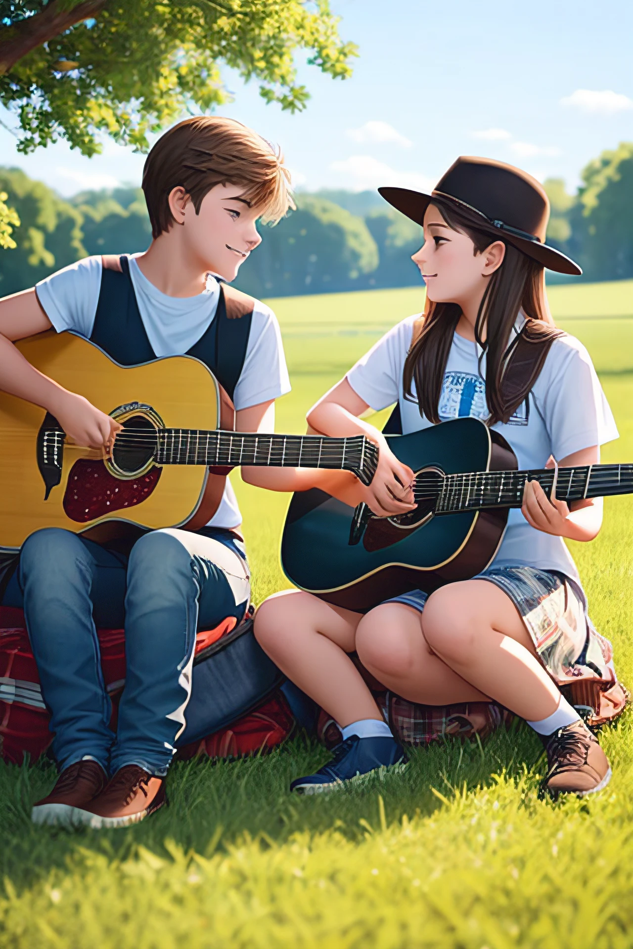 Painting of two smiling teenagers, heads turned towards each other, looking at each other, a young -yeld ble girl and a 13-year-o both br hair, cheerful, happy, gazing at each other with a sense of fraternity and love. The boy is playing a guitar in a forest. It is a 3D drawing of friends, created by Craig Davison and Elaine Hamilton. There is also a small viola being played by Orshi Drozdik, in the style of the animated film Shrek. The artwork is still in the form of an animated 3D film, similar to Disney Pixar's charming digital painting by Eugeniusz Zak. It is a cute and adorable piece of art by Nándor Katona, a masterpiece of high quality. --auto --s2
