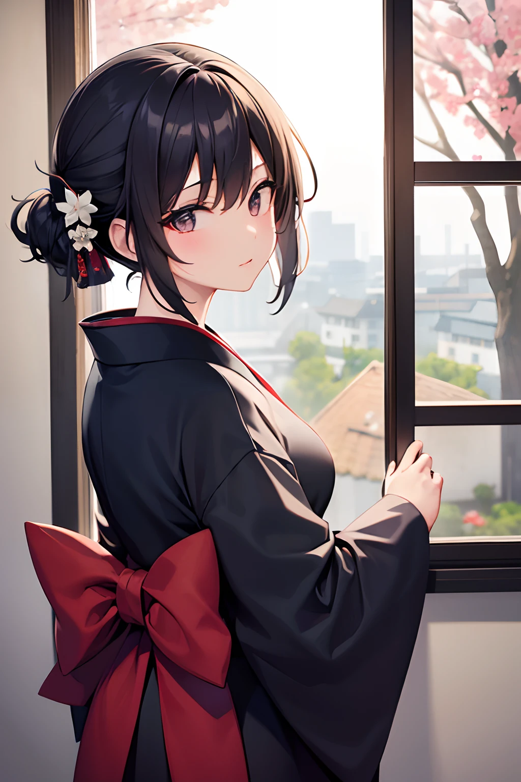 1girl, wears a kimono, sitzt vor dem Fenster, schwarzes Haar
