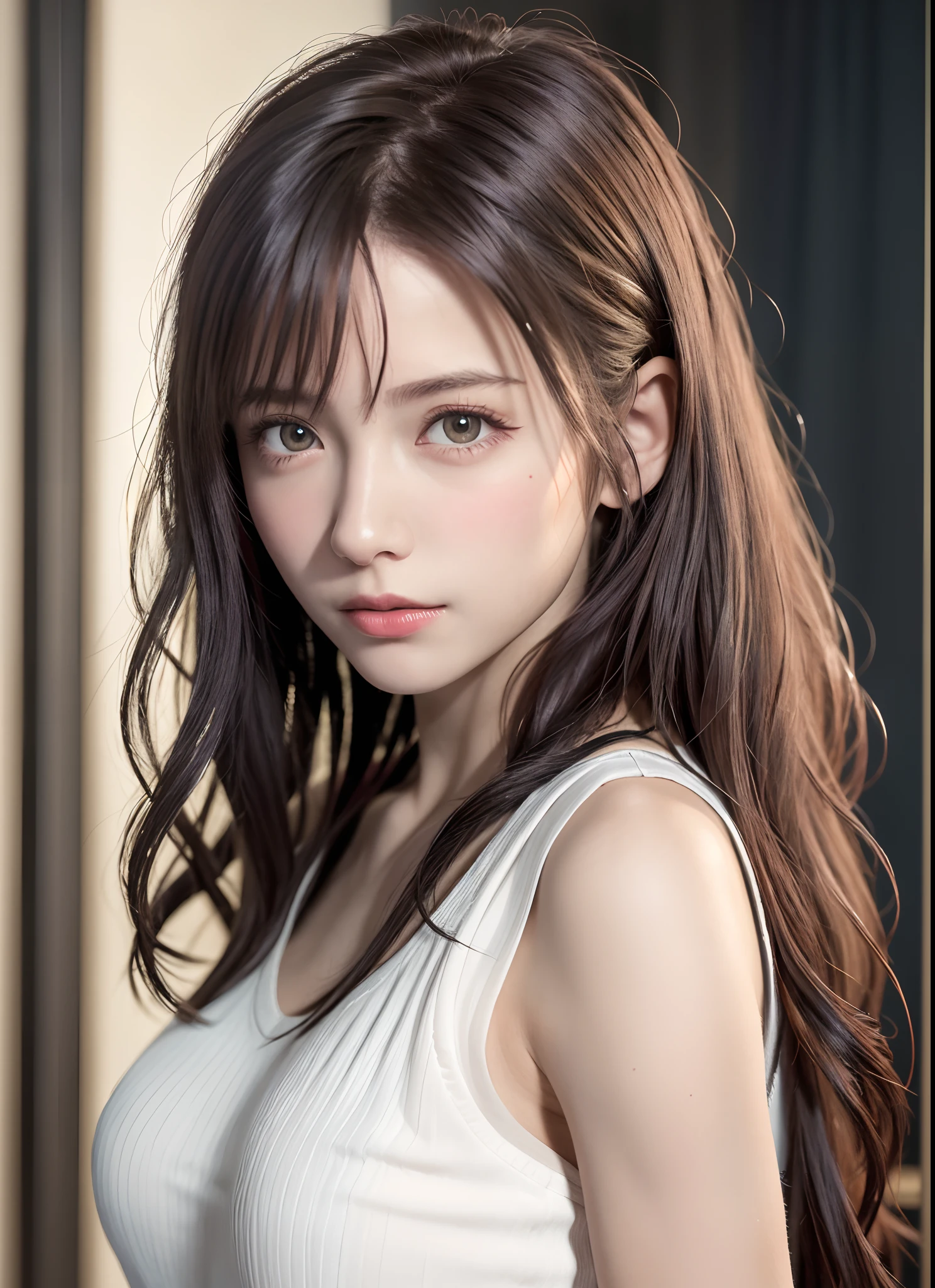 high quality picture, masutepiece, detailed hair texture, Detailed skin texture, Detailed Cloth Texture, 8K, Add fabric details, ultra detailed skin texture, ultra detailed photographic, Skin pores, Portrait of a girl, wearing tank top,