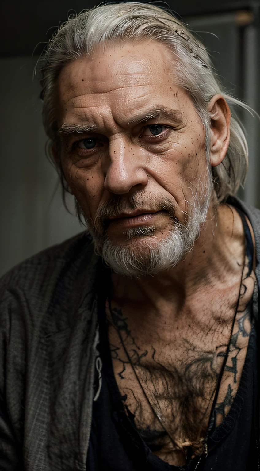 Generate an image of an elderly Jeremiah, now between 70 and 80 years old. He remains a tall and slender man with a pallid complexion and a penetrating gaze. His eyes, once icy blue, have retained their intensity and a hint of smoldering anger and resentment. His long, disheveled hair, now mostly gray, falls over his aged face, still obscuring part of his somber expression. His unkempt beard has turned white and remains untouched by smiles. He continues to wear dark and tattered clothing, reflecting a lifetime of a gloomy personality. The image should convey the transformation of Jeremiah into an elderly man while preserving the enigmatic and brooding qualities that have defined his character throughout his life.