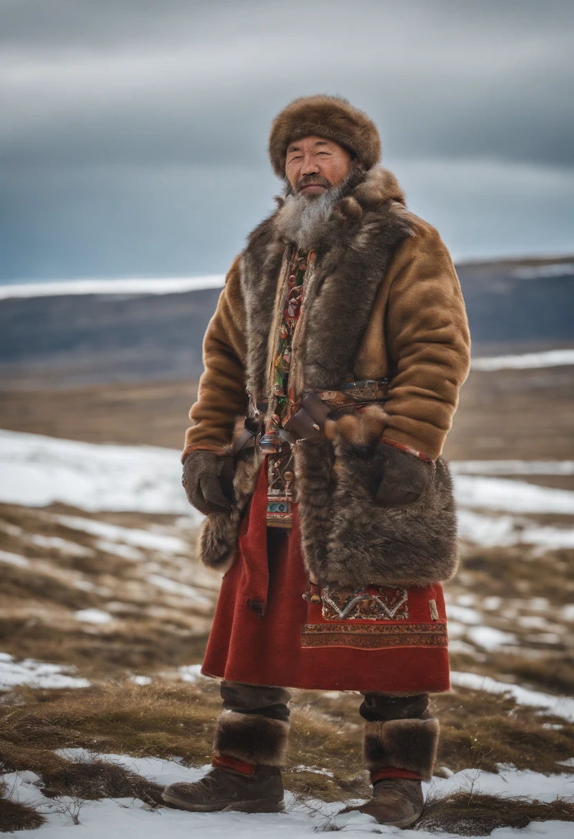 Masterpiece:1.2, Best Quality), Realistic, (real picture, intricate details, Depth of field:0,8 ),beste-Qualit, 4k, 8K, ah high, Master Part:1.2), overdetalization, Realistic, Spring steppe tundra without mountains, brightly, Sunny. An old Yakut-Chukchi in bright colored national clothes of the northern peoples, walks through the tundra and lichen surrounded by 12 dogs with a radio station. On the head is an audio headphone, happily listening to music, looking at the viewer. Radio waves are flying in the air, Birds, Ice floes and icebergs in the background