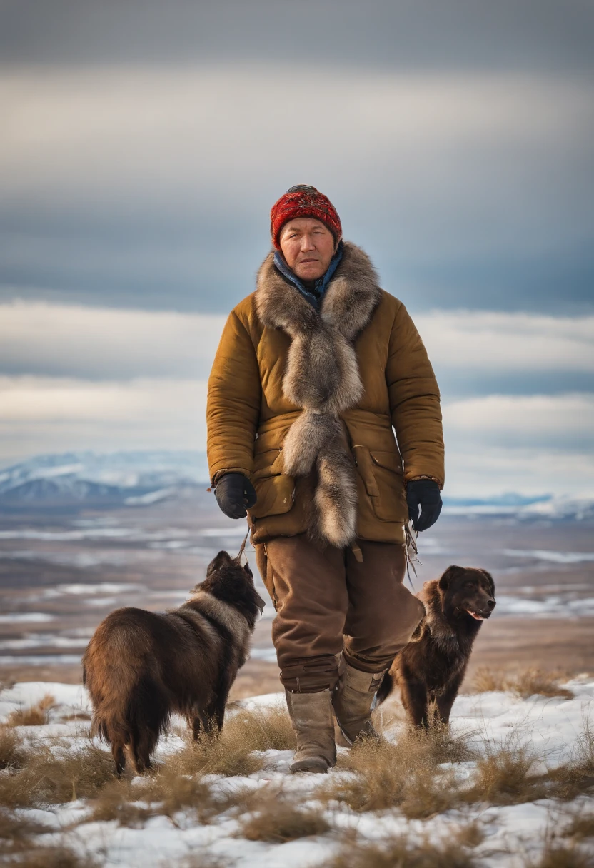 Masterpiece:1.2, Best Quality), Realistic, (real picture, intricate details, Depth of field:0,8 ),beste-Qualit, 4k, 8K, ah high, Master Part:1.2), overdetalization, Realistic, Spring steppe tundra without mountains, brightly, Sunny. An old Yakut-Chukchi in bright colored national clothes of the northern peoples, walks through the tundra and lichen surrounded by 12 dogs with a radio station. On the head is an audio headphone, happily listening to music, looking at the viewer. Radio waves are flying in the air, Birds, Ice floes and icebergs in the background