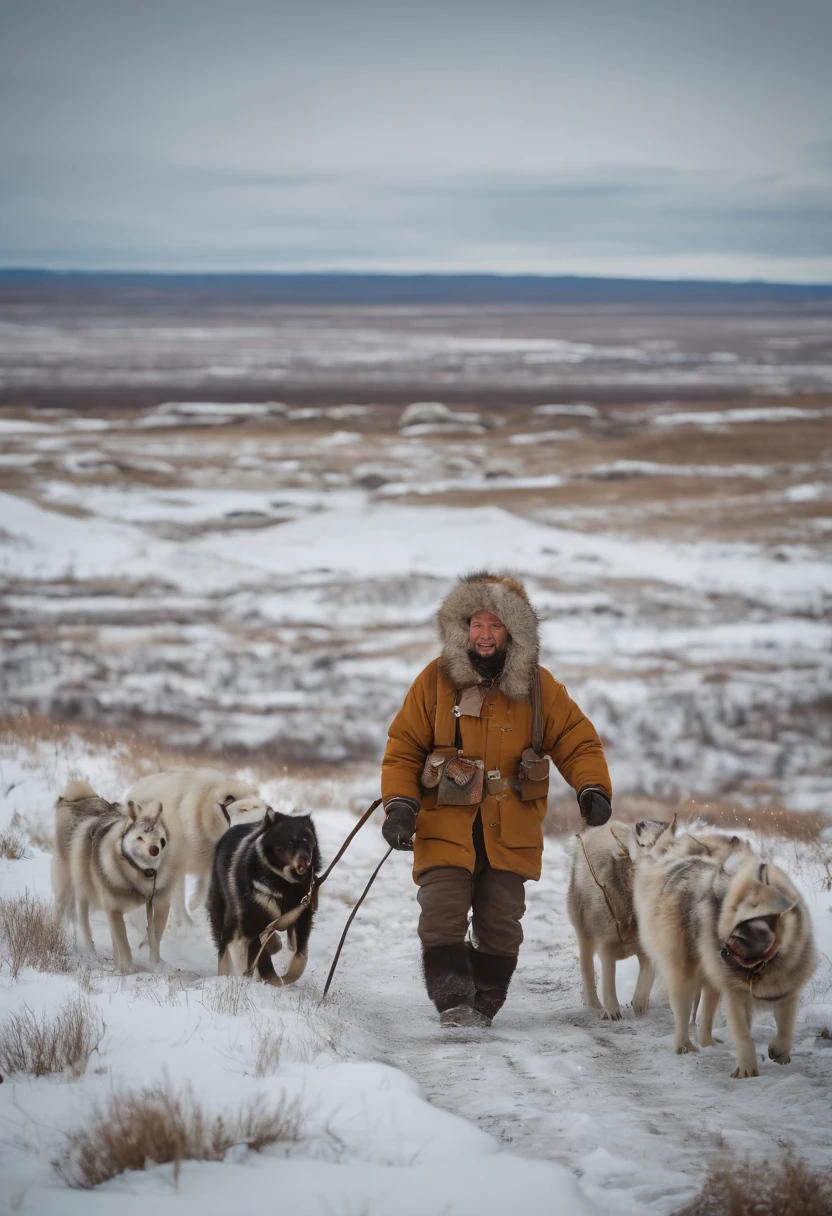 Masterpiece:1.2, Best Quality), Realistic, (real picture, intricate details, Depth of field:0,8 ),beste-Qualit, 4k, 8K, ah high, Master Part:1.2), overdetalization, Realistic, Spring steppe tundra without mountains, brightly, Sunny. An old Yakut-Chukchi in bright colored national clothes of the northern peoples, walks through the tundra and lichen surrounded by 12 dogs with a radio station. On the head is an audio headphone, happily listening to music, looking at the viewer. Radio waves are flying in the air, Birds, Ice floes and icebergs in the background
