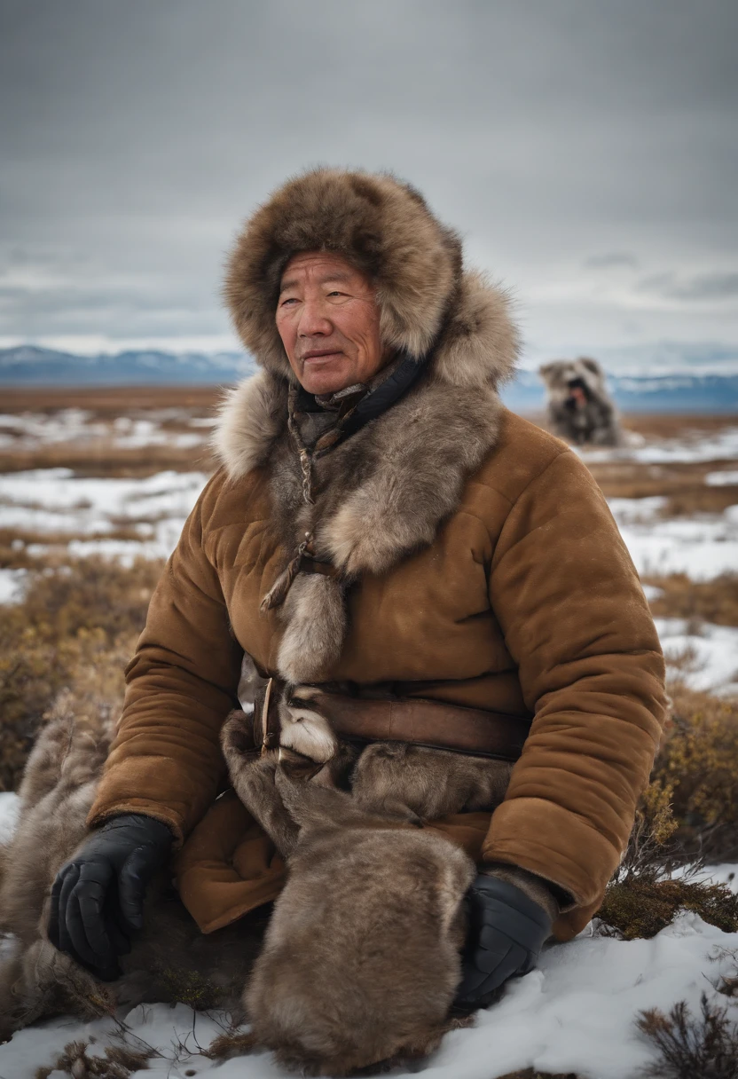 Masterpiece:1.2, Best Quality), Realistic, (real picture, intricate details, Depth of field:0,8 ),beste-Qualit, 4k, 8K, ah high, Master Part:1.2), overdetalization, Realistic, Spring steppe tundra without mountains, brightly, Sunny. An old Yakut-Chukchi in bright colored national clothes of the northern peoples, walks through the tundra and lichen surrounded by 12 dogs with a radio station. On the head is an audio headphone, happily listening to music, looking at the viewer. Radio waves are flying in the air, Birds, Ice floes and icebergs in the background