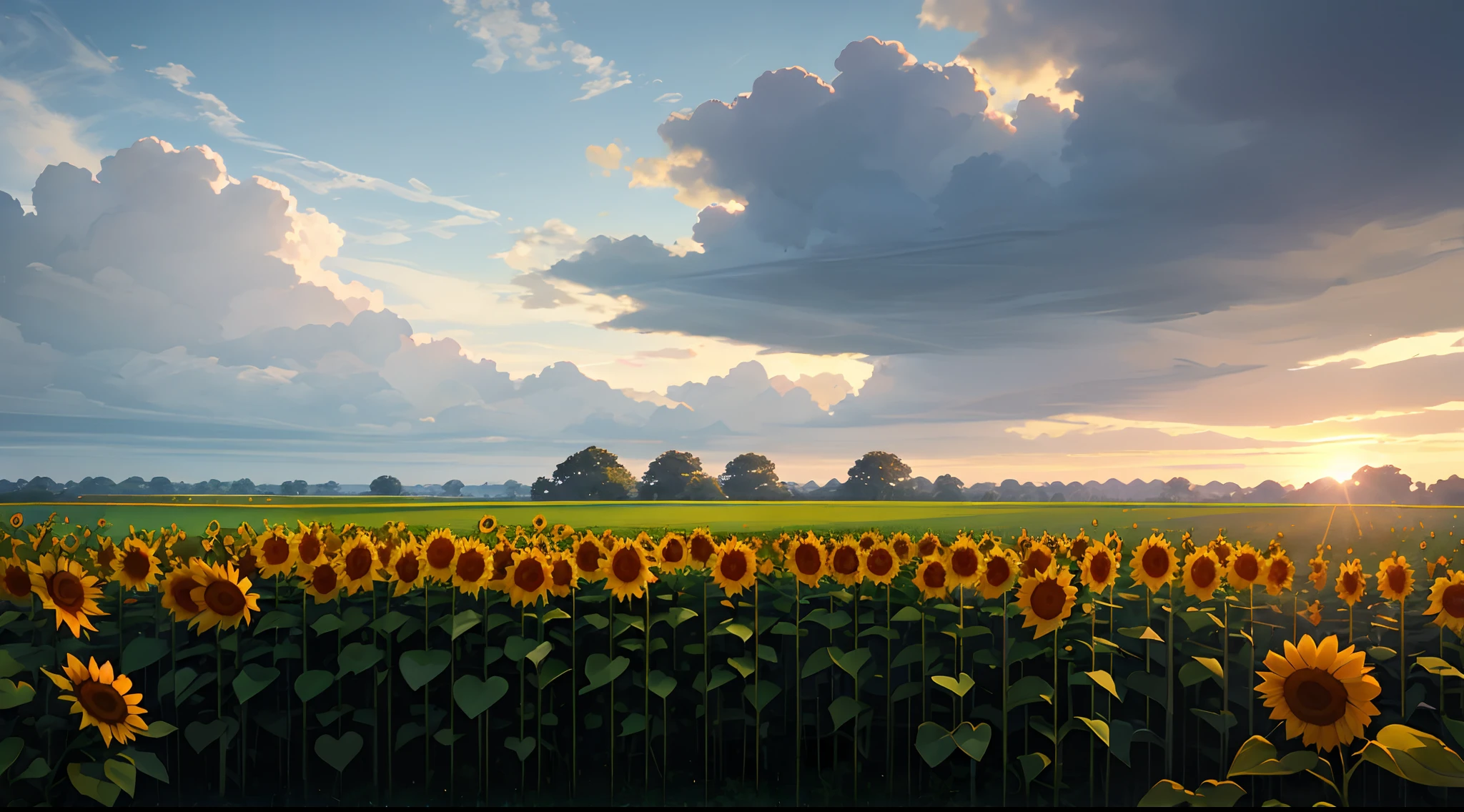 Huge grassland evening time ultra blooming sunflowers dark silvery clouds sunlight piercing through them cinematic view photorealistic