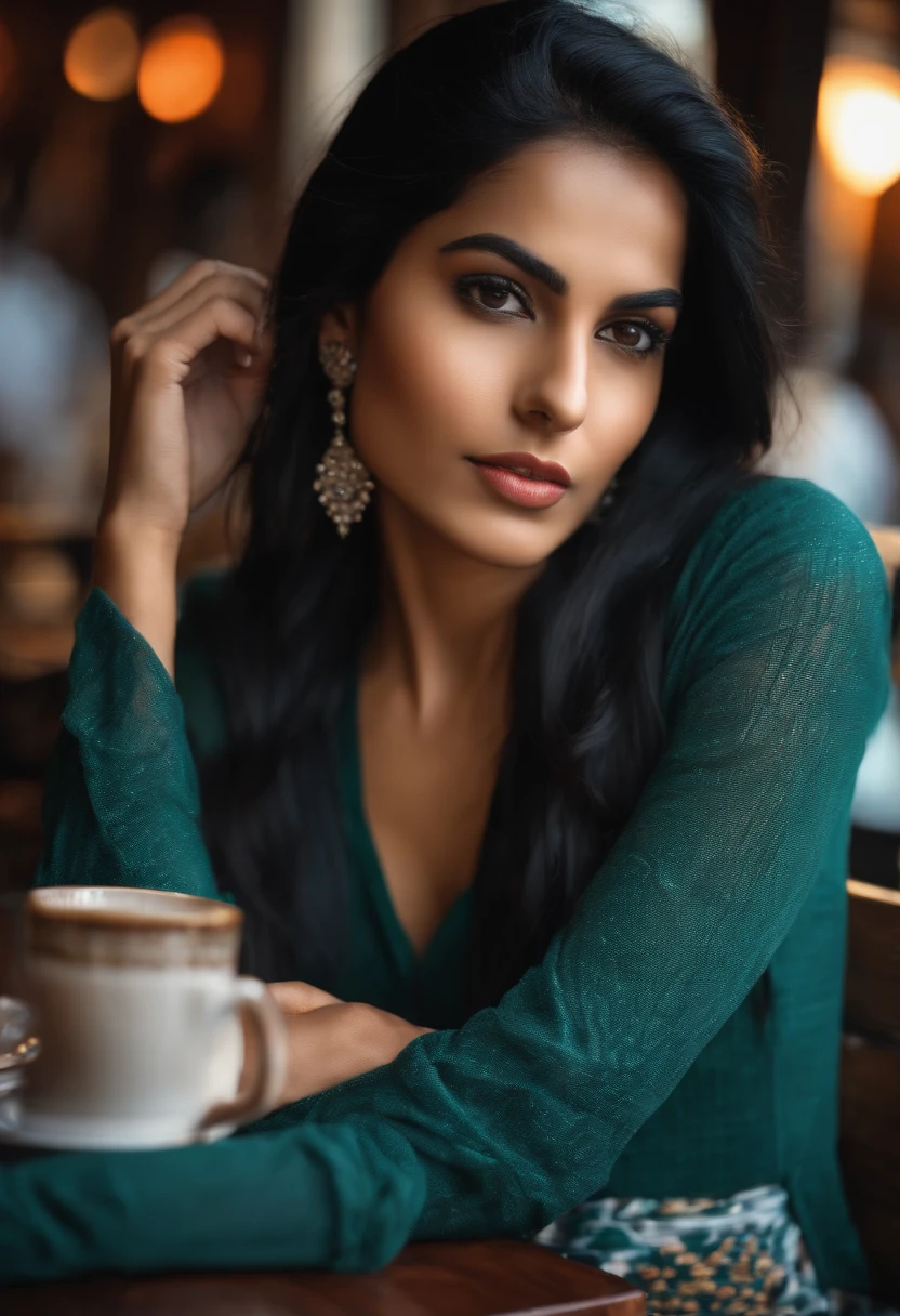 young indian, thin, ,, straight black hair, sitting at cafe