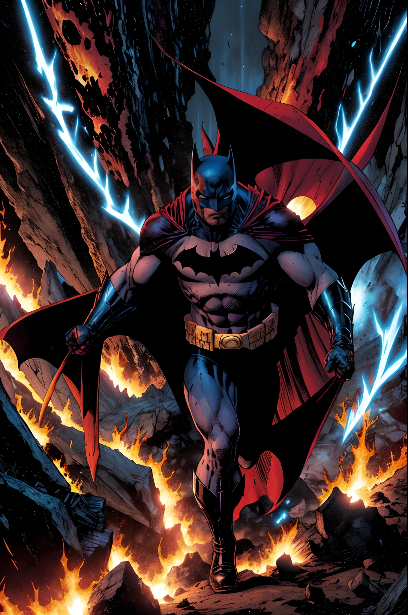 Batman esta no Inferno, Inferno de Dante, and tries to get out of the red lavas around him with the strength of the Angels of heaven who emit white light to dry the fiery lavas on the ground so he can walk and come out of the depths of darkness