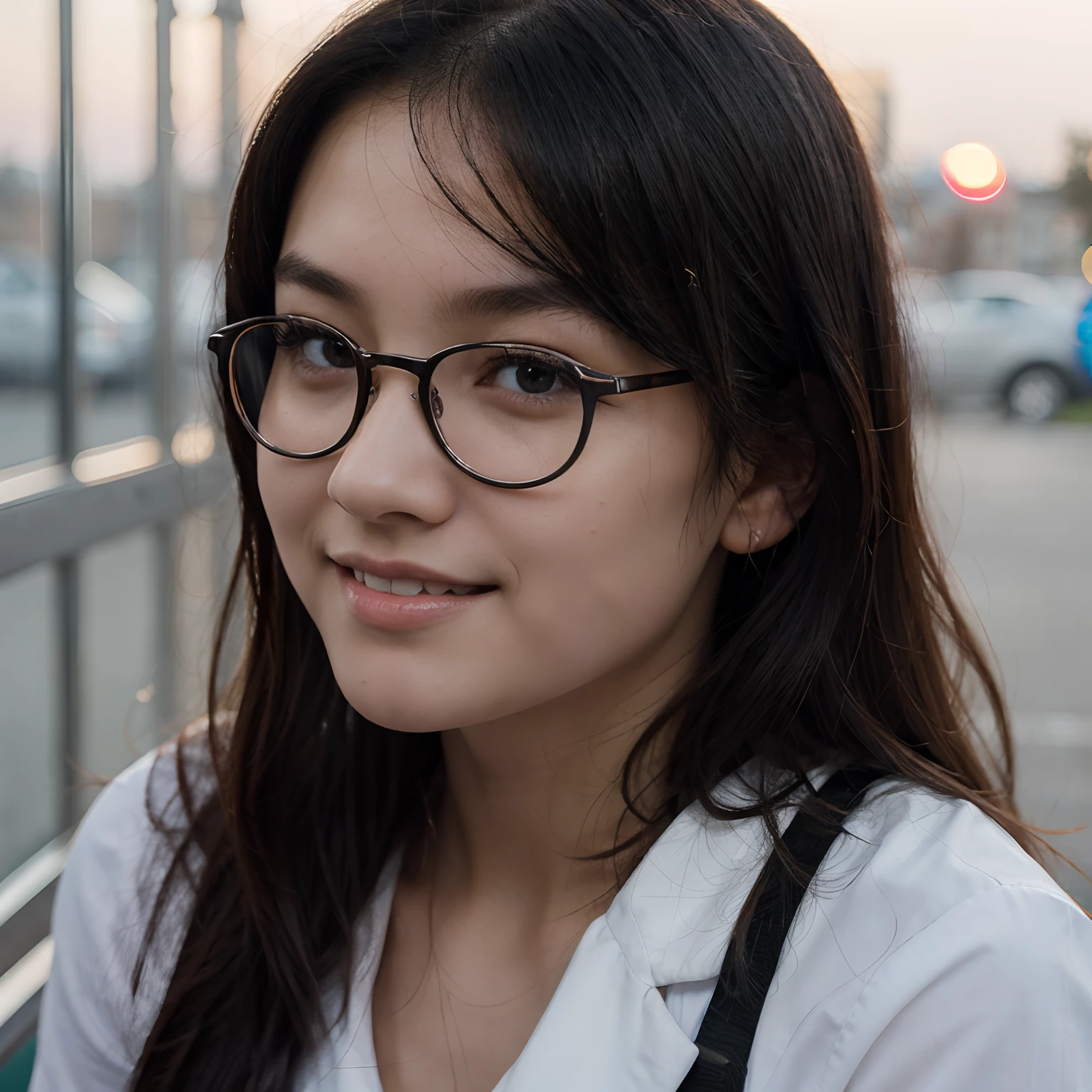 Very young female, half chinese, small slit-eyed, glasses, black hair, flawless white skin, long hair, photorealistic, best quality, hyper detailed, , beautiful woman, selfie photo, upper body, solo, wearing uniform, smiling at city, sunset photo, without makeup, school, looking at viewer, skin texture, film grain, close up, ultra high res, best shadow, RAW, instagram LUT