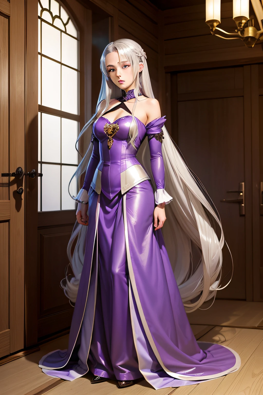 [Japanese anime style] [Full body] [Bathroom in a medieval castle] Her name is "Glauschel von Horsfield" and she is 16 years old. She has long, straight silver hair. She has her purple eyes and slanted eyes. she is washing her body