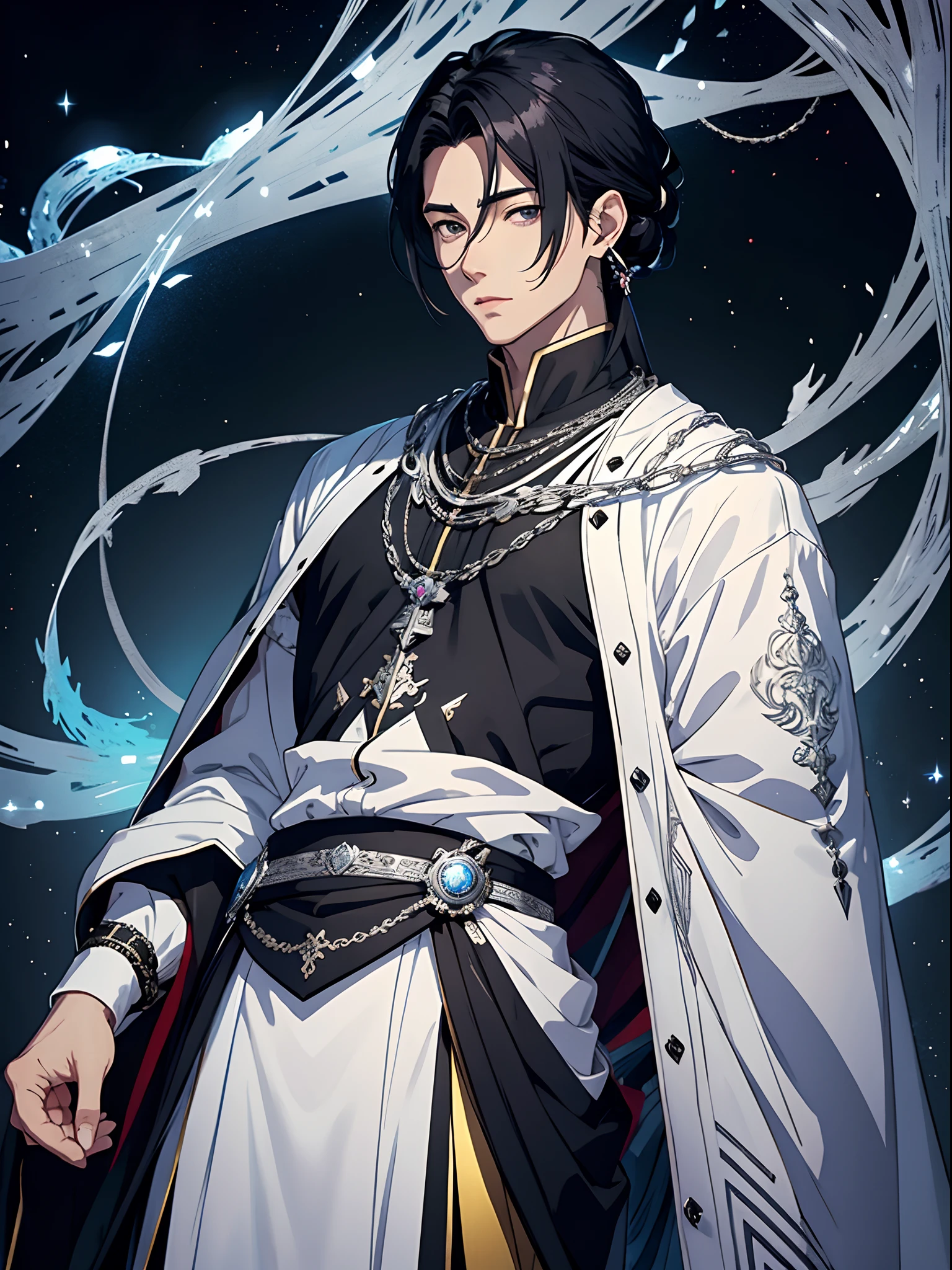 anime handsome emperor, silver intricate clothes, black hair in intricate hairstyle, silver jewelry