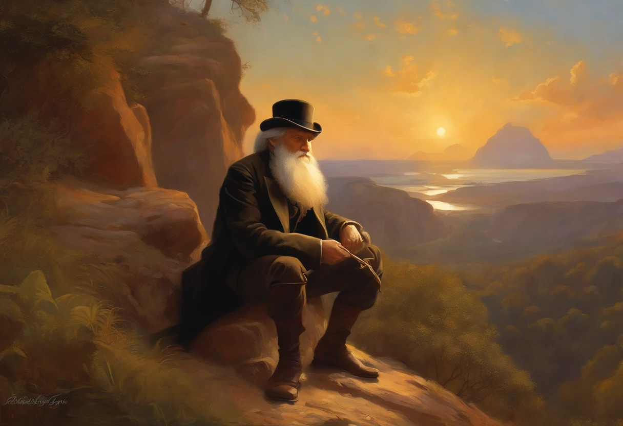 Detailed illustration of Charles Darwin, portraying him as a fearless explorer and prominent nineteenth-century British scientist, whose explorations were fundamental to the Theory of Evolution, abrangendo todo o nosso planeta, Detailed oil painting, render irreal 5, RHADS, Sargent e Leyendecker, Savrasov Levitan Polenov, bruce pennington, ghibli studio, Tim Hildebrandt, Arte Digital, pintura de paisagem, octan render, beautiful composition, Award-winning Artstation trending photography, obra-prima, Estilo de arte (dreamlike art:1.2). Estilo MDJRNY-V4