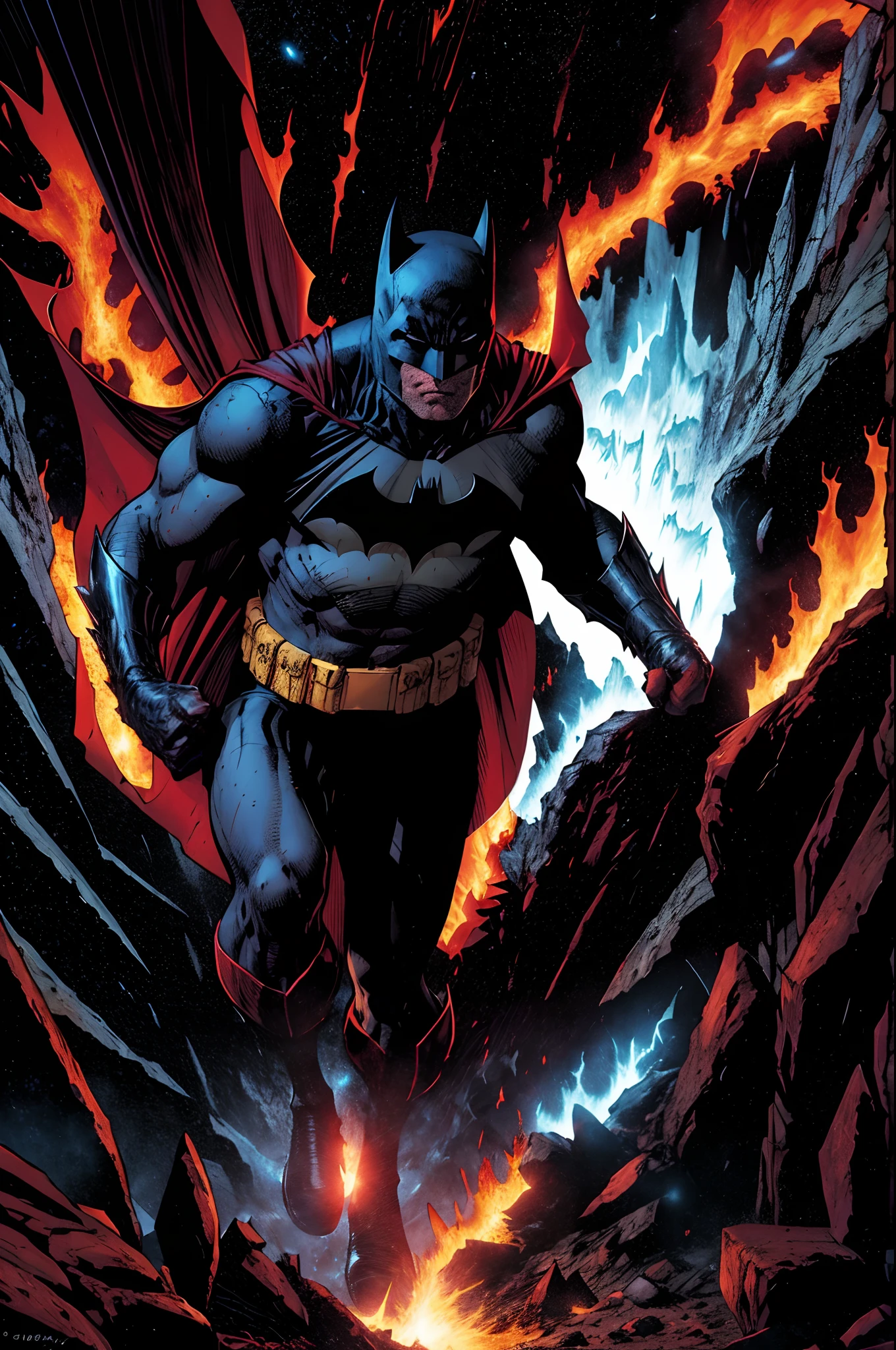 Batman esta no Inferno, Inferno de Dante, and tries to get out of the red lavas around him with the strength of the Angels of heaven who emit white light to dry the fiery lavas on the ground so he can walk and come out of the depths of darkness