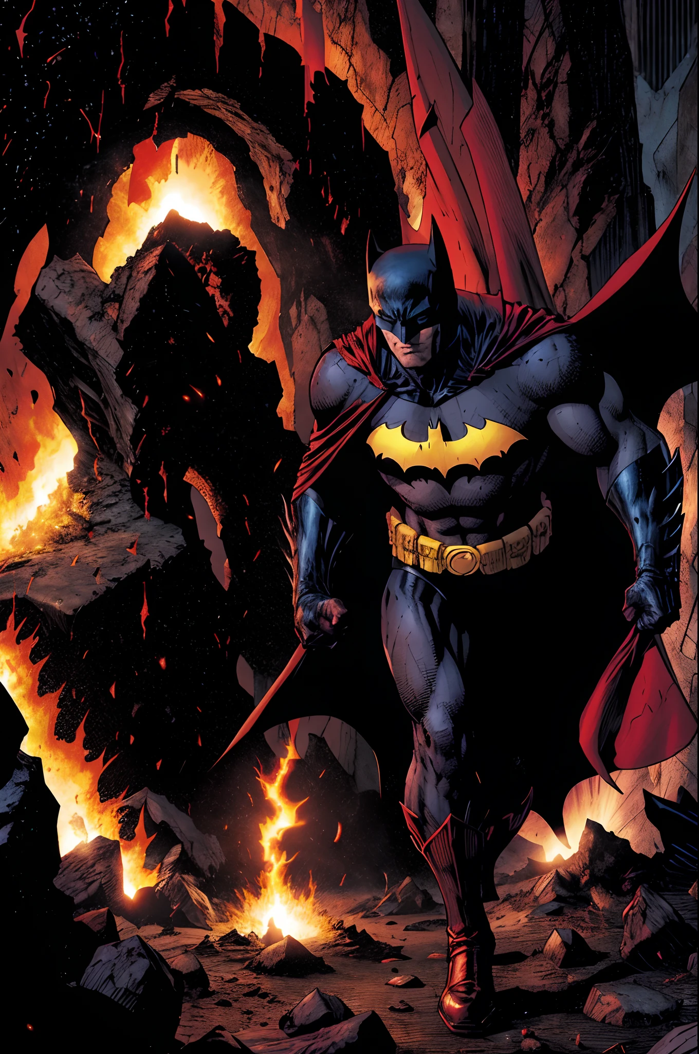 Batman esta no Inferno, Inferno de Dante,  and tries to get out of the red lavas around him with the strength of the Angels of heaven who emit white light to dry the fiery lavas on the ground so he can walk and come out of the depths of darkness