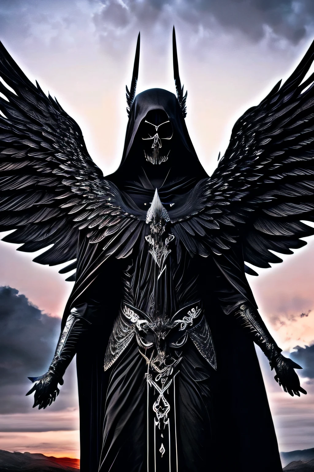 A magnificent angel of death, dressed in black and with wings of fire.