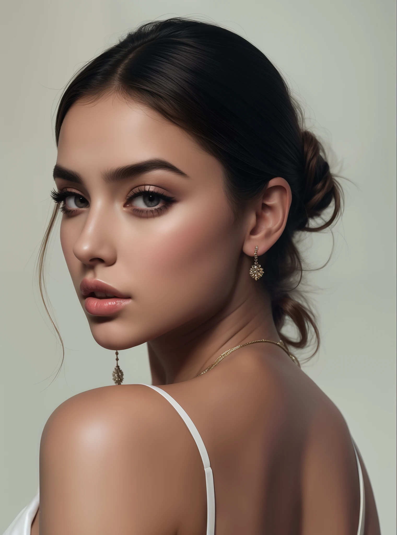 mulher arafed com um top branco e um colar e brincos, Retrato Sophie Mudd, Dua Lipa, Madison Beer Girl Retrato, flawless olive skin, Retrato editorial, Foto retrato suave 8 k, delicate soft hazy lighting, cerveja madison, luz suave do lado, Asher Duran, Modelo editorial, Retrato de Ana de Armas, fotografia editorial, foto do perfil