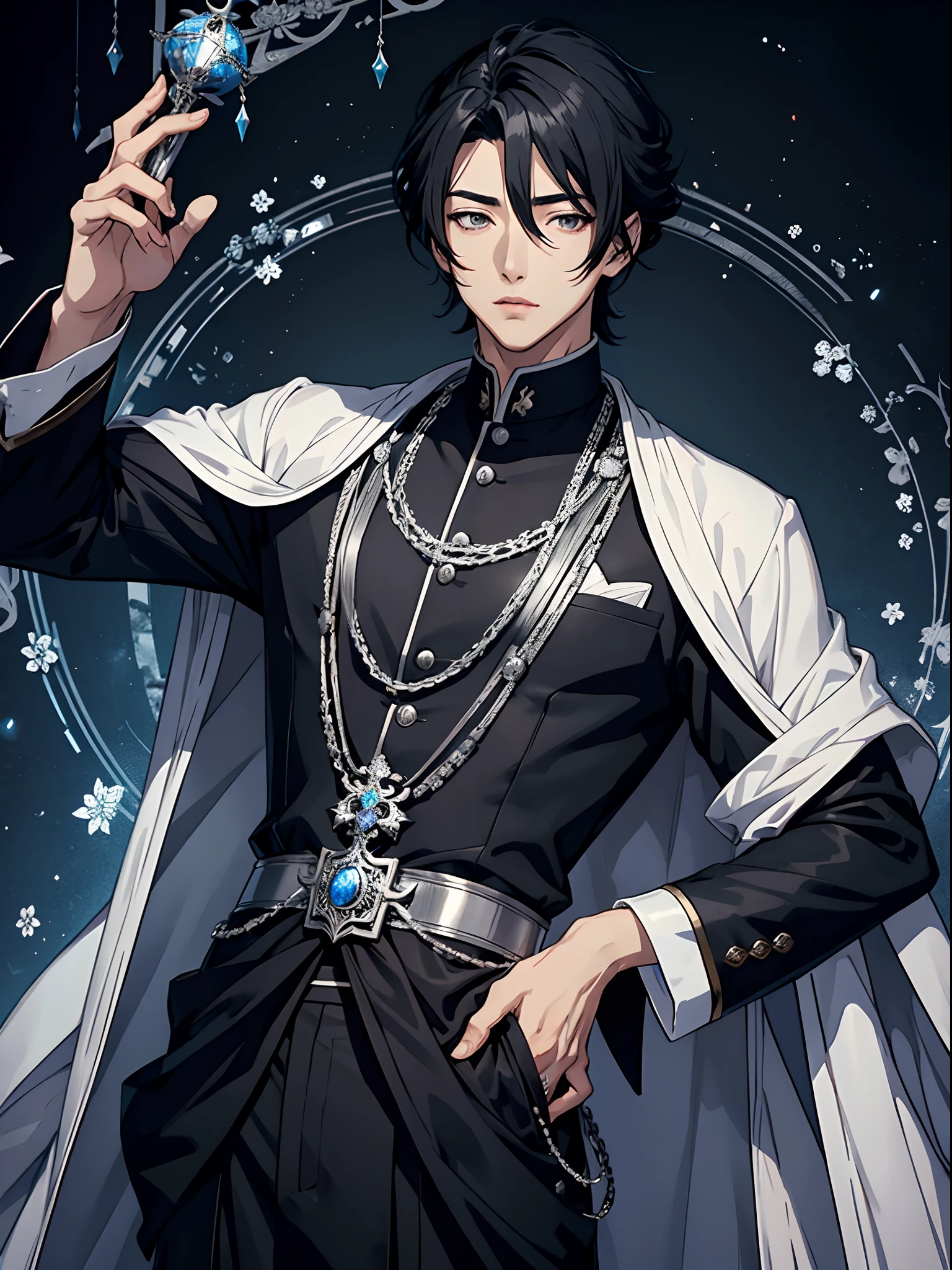 anime handsome emperor, silver intricate clothes, black hair in intricate hairstyle, silver jewelry