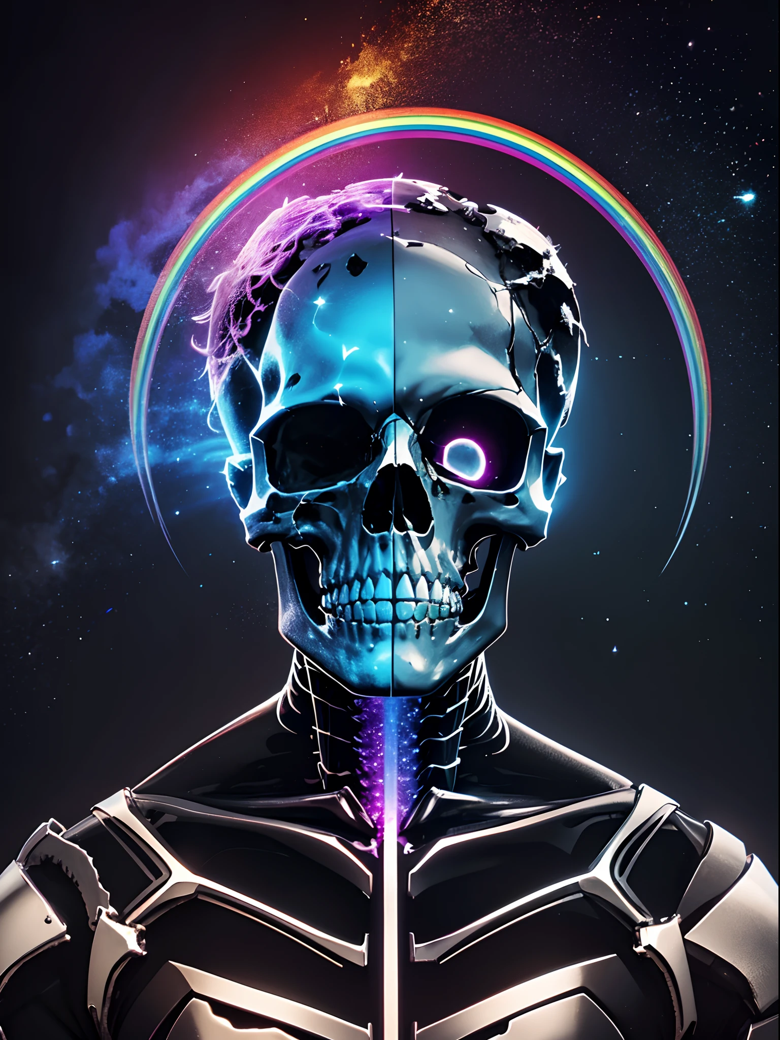 pixel sorted，Metal polished skeleton painting of man on black background,A rainbow surrounds the skull，Form different structures， breath-taking rendering, Magical rainbow elements,Splendid round rainbow combination，circular composition，Solo