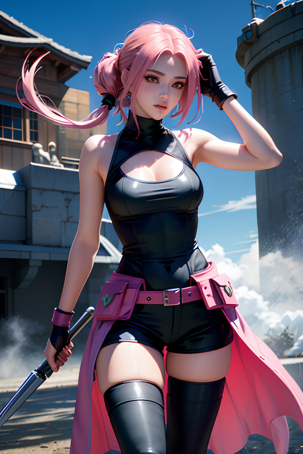 anime - mulher estilo em roupa preta segurando uma espada e usando cabelo rosa, Alena Aenami e Artgerm, deviantart artstation cgscosiety, Ross Tran 8 K, garota anime, [ trending in cgsociety ]!!, badass anime 8 k, Estilo anime 3D realista, anime estilo 3d, 🌺 CGSetnation, estilo anime. 8k