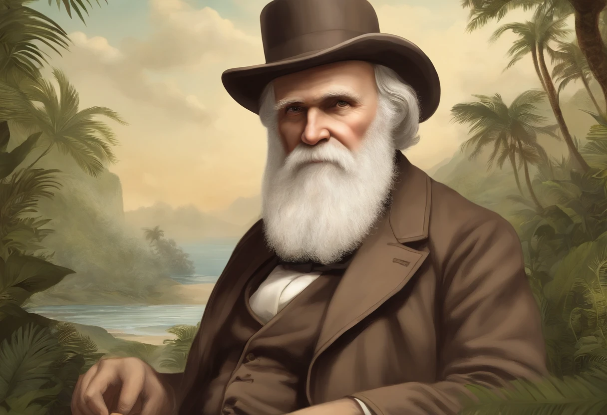Detailed illustration of Charles Darwin, portraying him as a fearless explorer and prominent nineteenth-century British scientist, whose explorations were fundamental to the Theory of Evolution