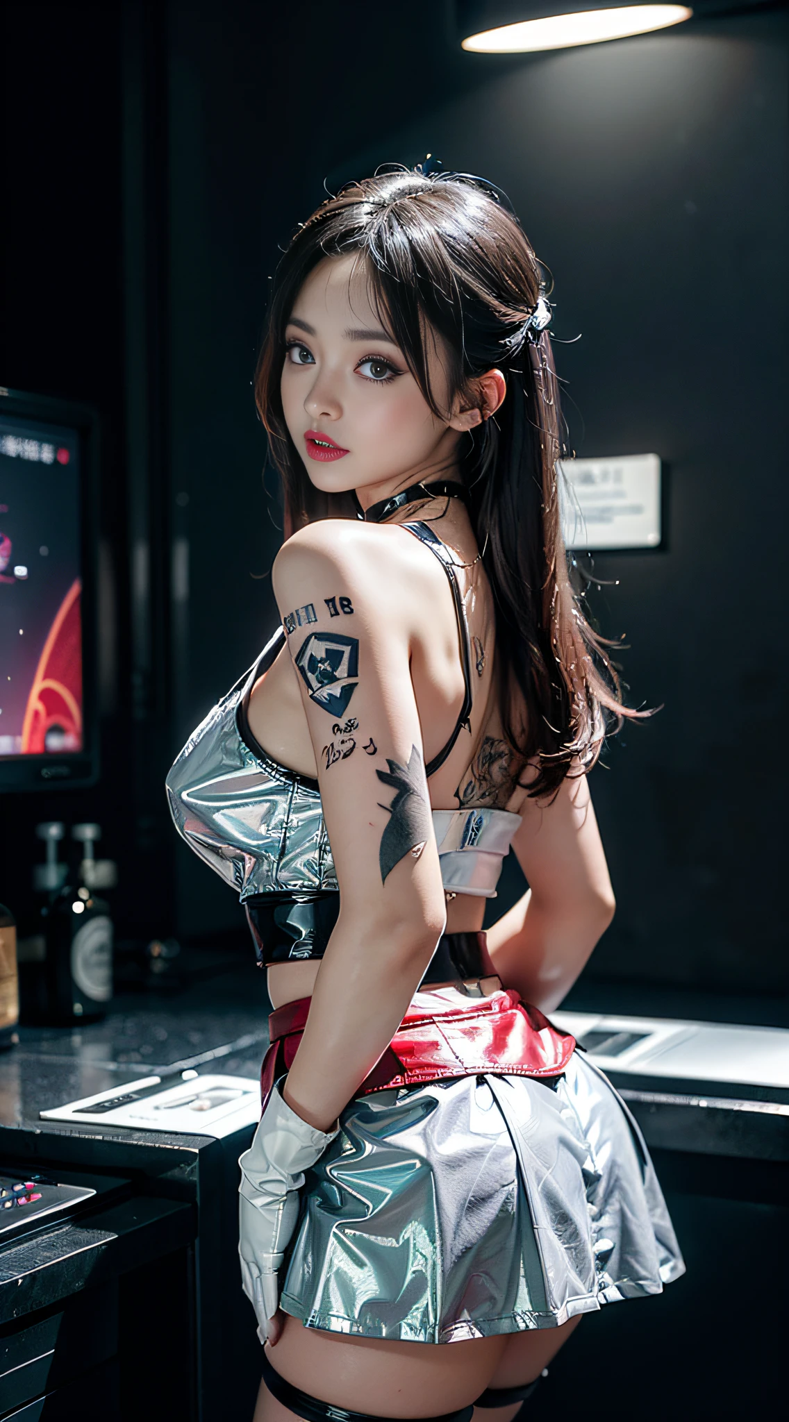 ((masterpiece:1.4)、(top-quality:1.4)、(reallistic:1.7))、masuter piece:1.4、(Top-of-the-line rendering:1.4)、(Female SWAT member of the 73rd Division of the Space Federation:1.4)、Super Beautiful Investigator、Body Fit Sexy Uniform、(Glossy luxury latex:1.4)、(Navy blue sleeveless uniform jacket)、(Underwear White Sexy Super Ultra Bikini)、(Luxury Red Latex:1.4)、(Pleated mini-skirt:1.4)、22year old、(Cute tattoos:1.4)、(Wearing white gloves)、Kawaii Girl、Super beauty、foco nítido、Portrait photos、(Perfect female body:1.4)、perfectly proportions、Upper body photography:1.4、beautiful countenance、Fearless look、beautidful eyes、Narrow waist、beauty legs、(length hair:1.2)、Beautiful udder、large full breasts:1.2、Sexy ass、Raw photo、red-lips、Red high heels:1.4、a choker:1.4、a necklace:1.4、耳Nipple Ring:1.4、1 screen display、Beautiful night view of Cyberpunk City:1.2