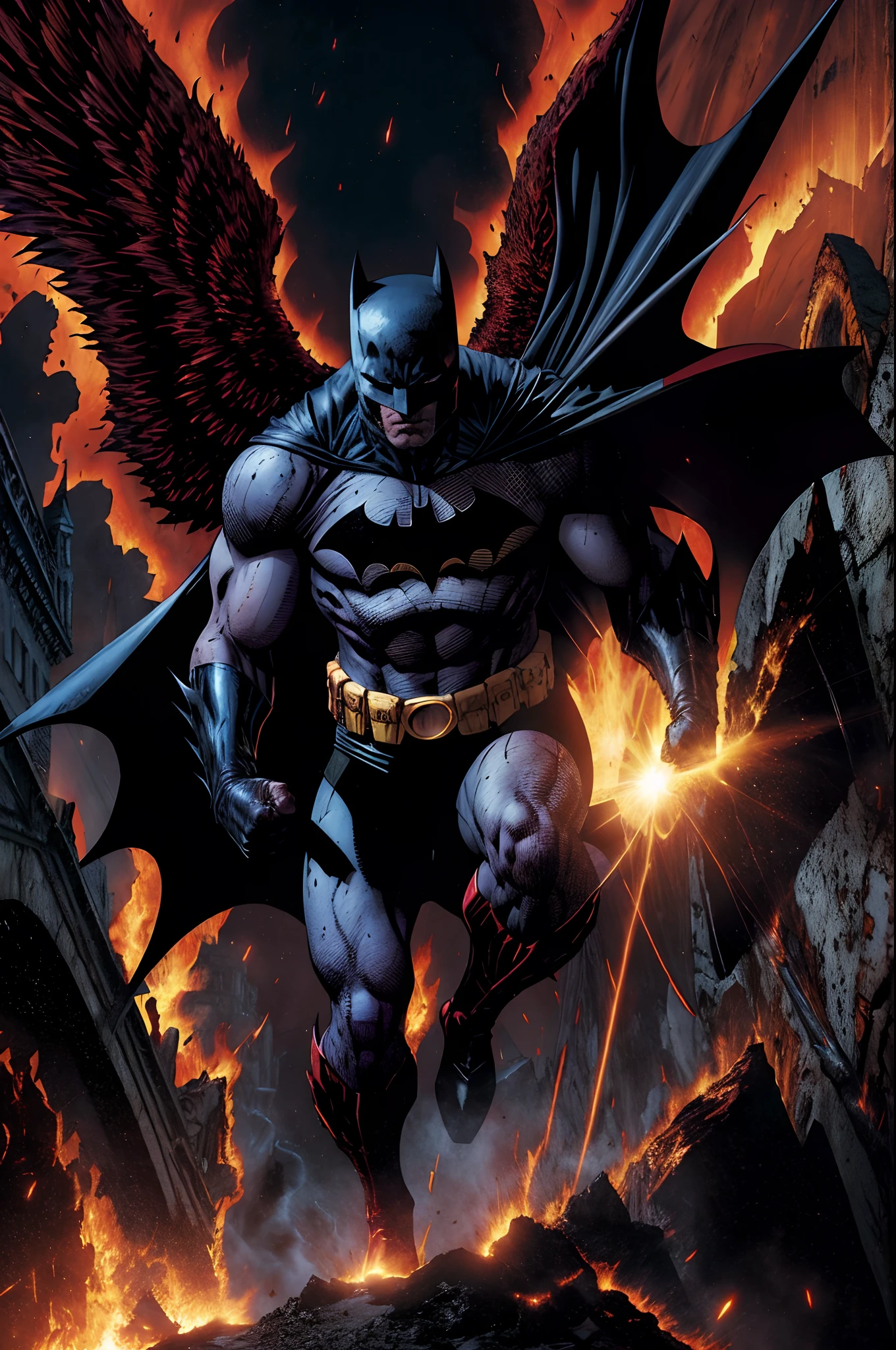 Batman esta no Inferno, Inferno de Dante,  and tries to get out of the red lavas around him with the strength of the Angels of heaven who emit white light to dry the fiery lavas on the ground so he can walk and come out of the depths of darkness