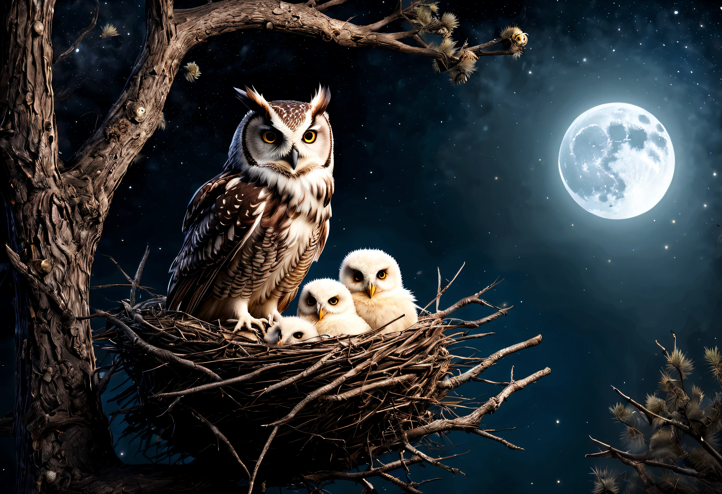 "RAW photo, best, masterpiece, best quality, high quality, extremely detailed, an owl feeding its chicks in its nest, it is night, there is a full moon and many stars. Tolkien-style magical atmosphere."