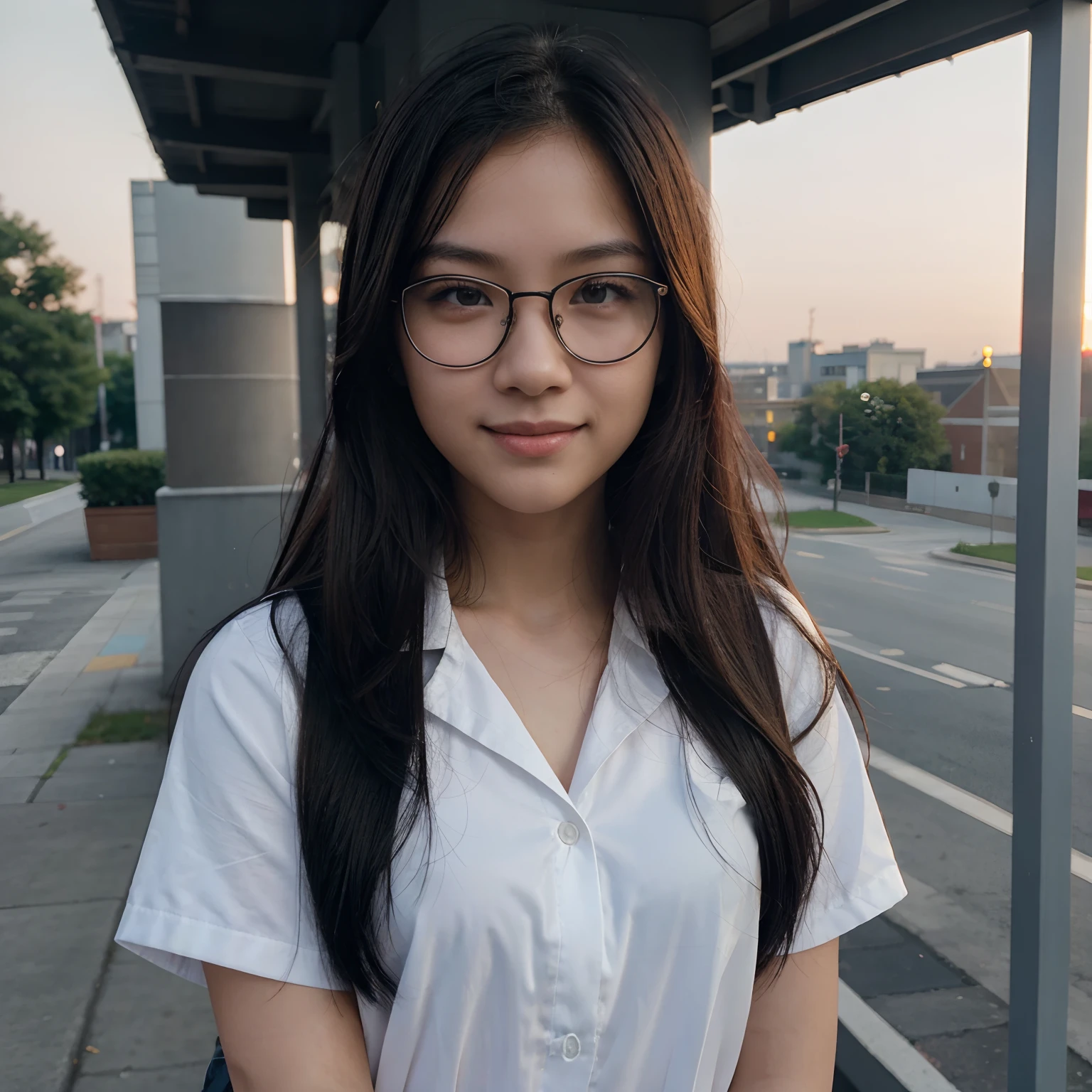 Very young female, half chinese, small slit-eyed, glasses, black hair, flawless white skin, long hair, photorealistic, best quality, hyper detailed, middle school student, beautiful woman, selfie photo, upper body, solo, wearing uniform, smiling at city, sunset photo, without makeup, school, looking at viewer, skin texture, film grain, close up, ultra high res, best shadow, RAW, instagram LUT