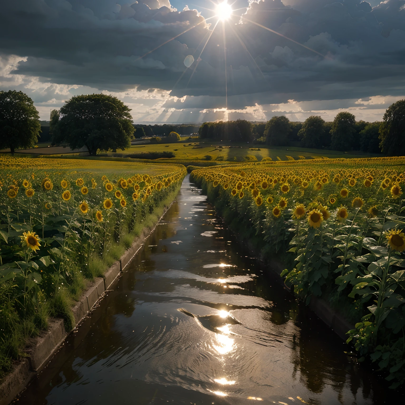 Huge grassland evening time ultra blooming sunflowers dark silvery clouds sunlight piercing through them cinematic view photorealistic water flowing between the flowers