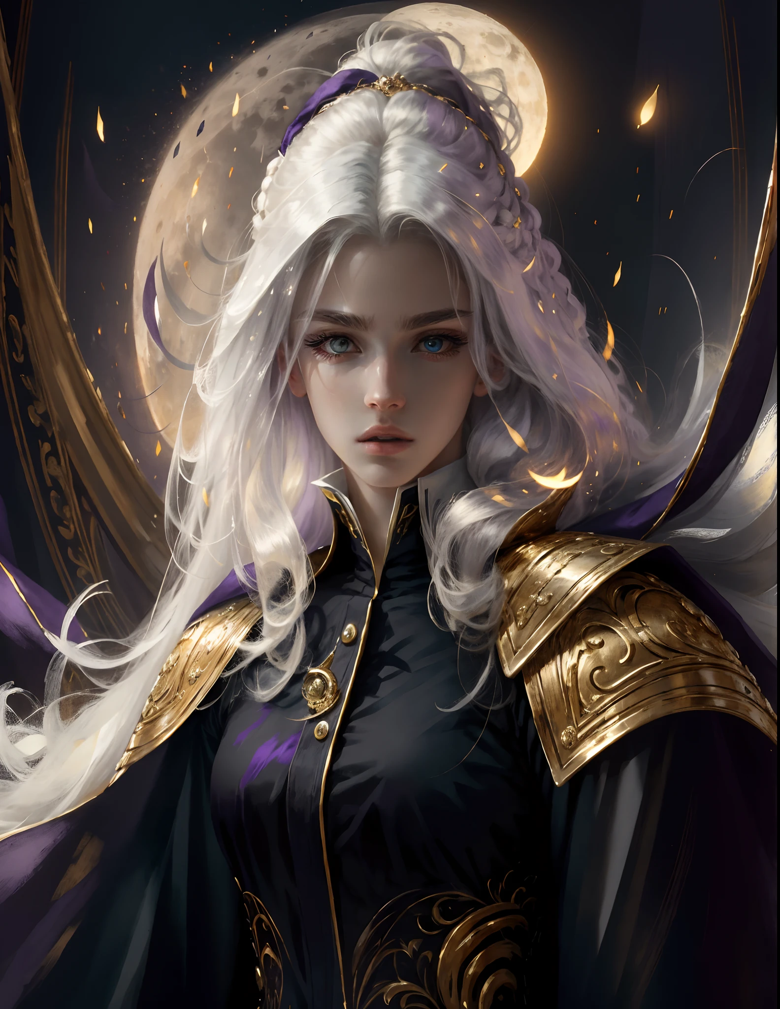 unbeatable masterpiece, Highest Quality, (solo focus), (perfect faces:1.1), (High Detail:1.1),Dramatic, 1guy, (pale-skin), long white hair, gold Eyes, Solo, Long hair, the moon, natta, Purple Mage Uniform, Pouty Lips, covered, Magic City, detailed background, epic exquisite character art, Gorgeous hyper-detail face, detailed background, Cinematic lighting, artwork: Zephyrhant