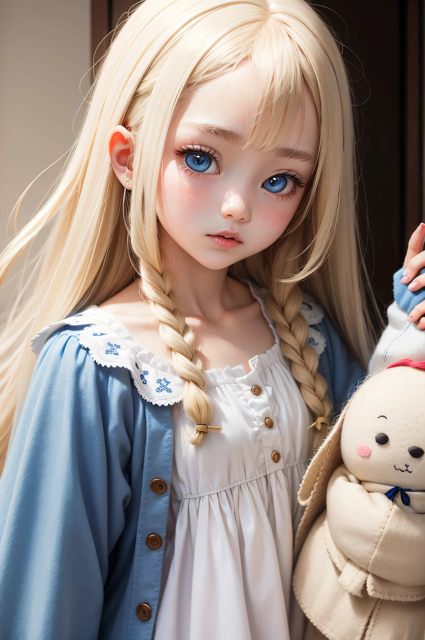 （Felt Doll）、teens girl、Blonde straight、Blue Nail Eyes、White dress