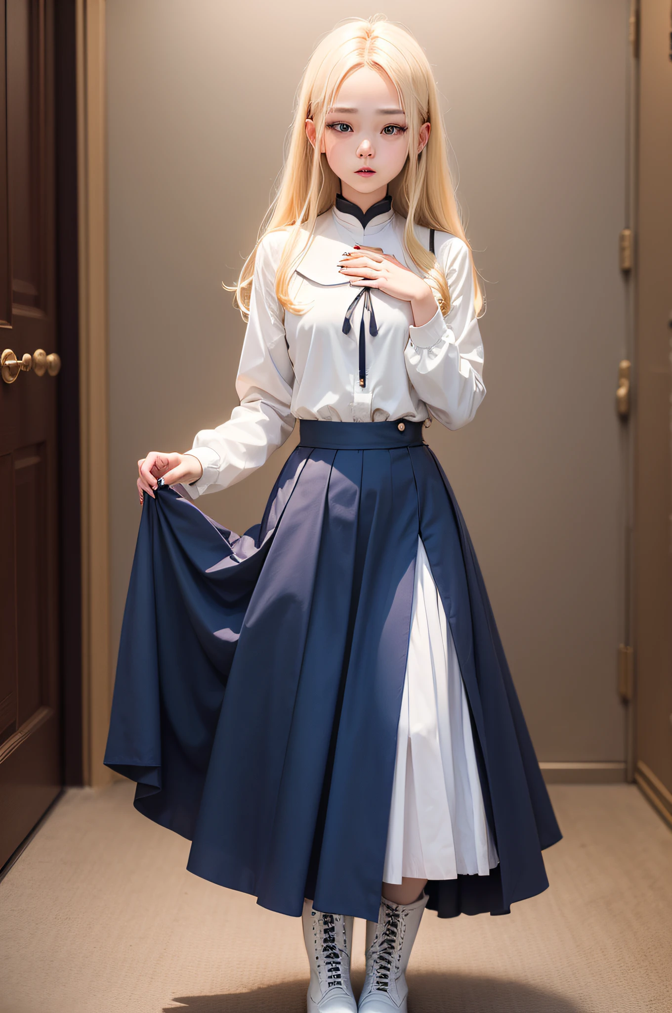 Her name is Ciel(Saint a girl+Possession of the Goddess)、(Solo)、【Top image quality】、(full-body view)、Beautiful teenage girl、Blonde straight、Blue Nail Eyes、Raised corners of the mouth、Healthy lips、modest chest girth、Monastic uniforms、Long skirt with spread、white boots