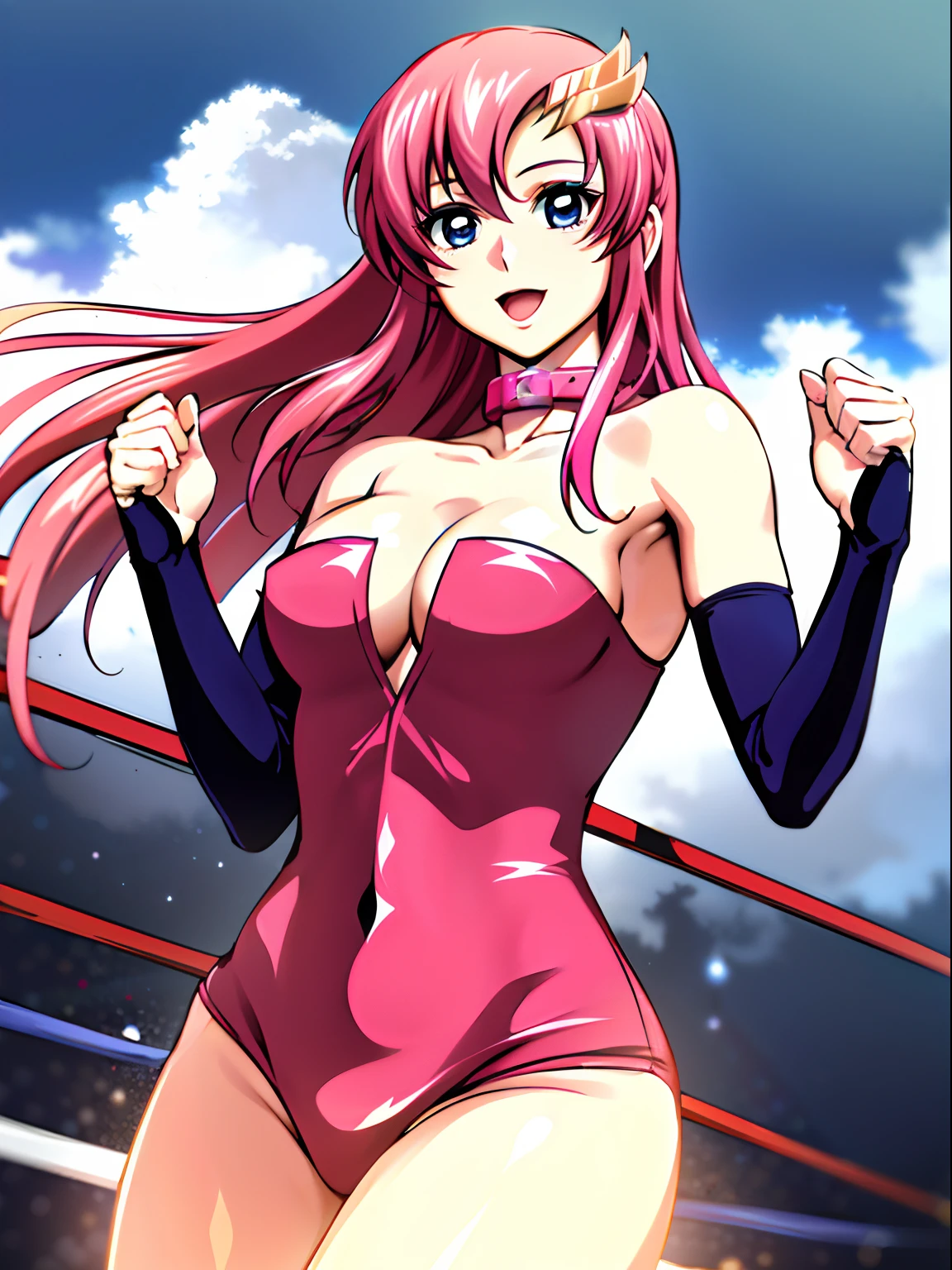 (((pink strapless wrestling outfit, collar))), (masterpiece, standing , open mouth, 4K, Best Quality, Anime style: 1.9,, Adult Woman, ultra detailed face, (cloud background, wrestling), Drawing lines, high resolution, Anime, lacus4), 1girl, Solo, curvy figure, Long hair, 鎖骨, scapular, (Detailed wide hair bangs, missy hair, floating hair, Hair Ornament, Detailed reddish-pink hair, golden crest), cleavage, large hands, (pro female wrestler). (Big blue eyes, shiny eyes), ((female wrestler, little biceps, slender body, hourglass figure, broad shoulders, closed fists, )), ((perfect proportions, medium breasts, cleavage, long belly)), (((mini pink wrestling outfit))), ( looking at the viewer, dynamic, smile),