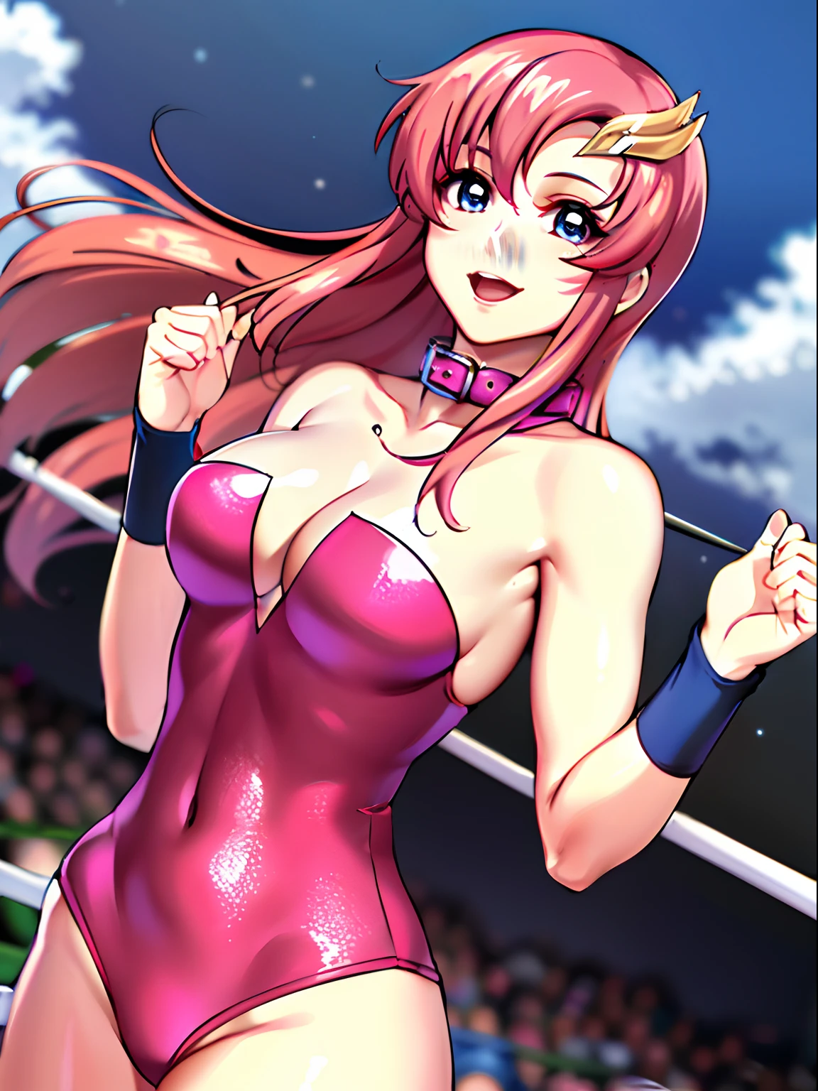 (((pink strapless wrestling outfit, collar))), (masterpiece, standing , open mouth, 4K, Best Quality, Anime style: 1.9,, Adult Woman, ultra detailed face, (cloud background, wrestling), Drawing lines, high resolution, Anime, lacus4), 1girl, Solo, curvy figure, Long hair, 鎖骨, scapular, (Detailed wide hair bangs, missy hair, floating hair, Hair Ornament, Detailed reddish-pink hair, golden crest), cleavage, large hands, (pro female wrestler). (Big blue eyes, shiny eyes), ((female wrestler, little biceps, slender body, hourglass figure, broad shoulders, closed fists, )), ((perfect proportions, medium breasts, cleavage, long belly)), (((mini pink wrestling outfit))), ( looking at the viewer, dynamic, smile),