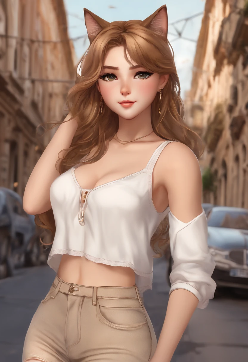 ((Best quality1.2))、((masterpiece))、((light brown-colored hair))、((hazel eyes)), ((light tan skin tone)), italian, cat girl, bold curves, anime style, lovely, (((white crop top))), jeans, messy hair, 1girl, mean looking, adult