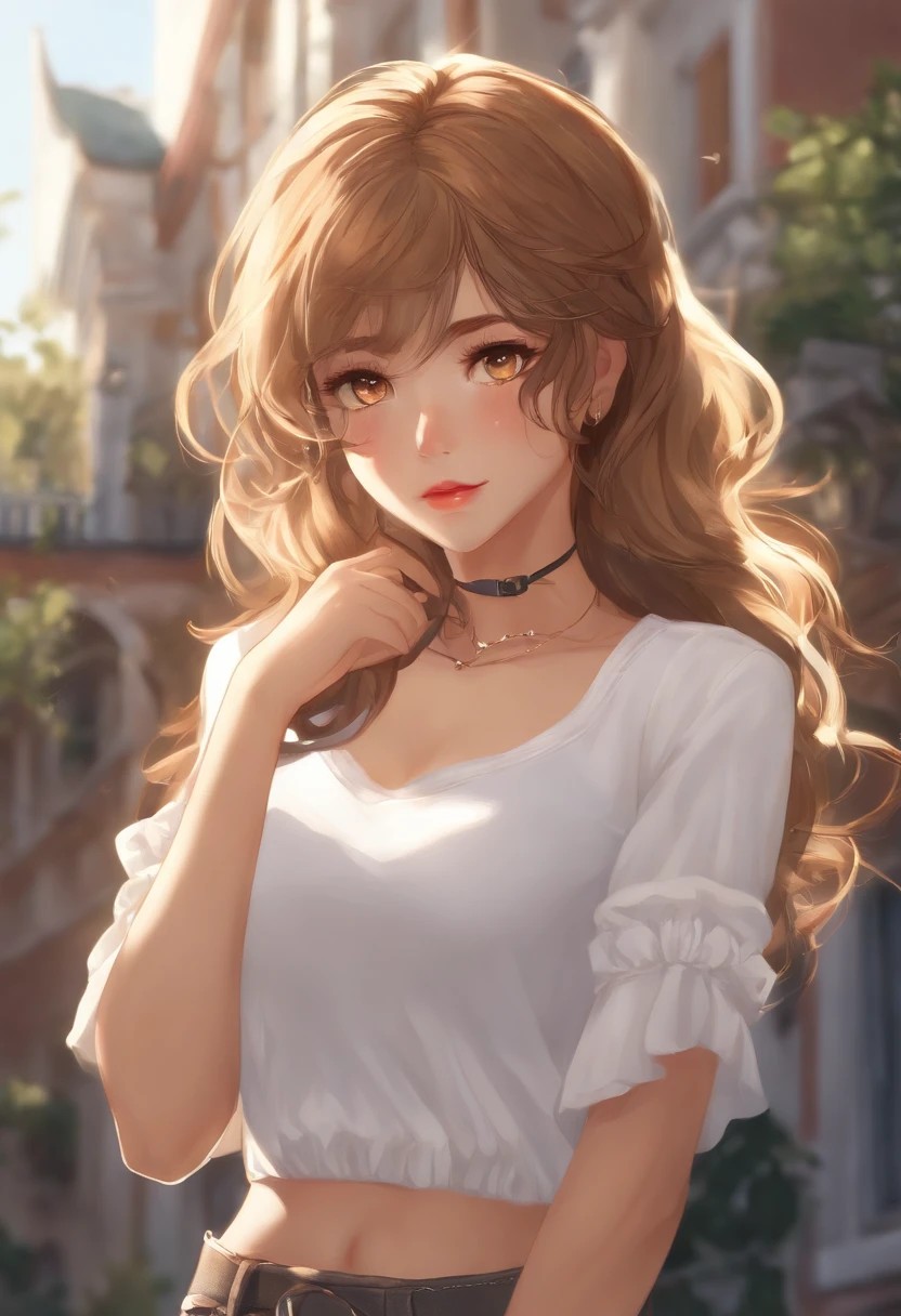 ((Best quality1.2))、((masterpiece))、((light brown-colored hair))、((hazel eyes)), ((light tan skin tone)), italian, cat girl, bold curves, anime style, lovely, (((white crop top))), jeans, messy hair, 1girl, mean looking, adult