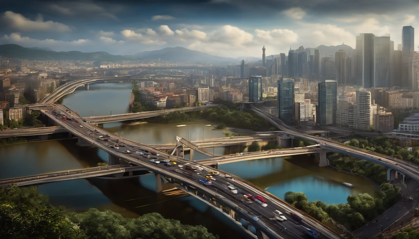 Best quality, 超高分辨率, (Photorealistic:1.4), Masterpiece, The background is blurred out,The main body is a bustling city on a ring,Traffic shuttles through the ring road,In the daytime ,bird's eyes view