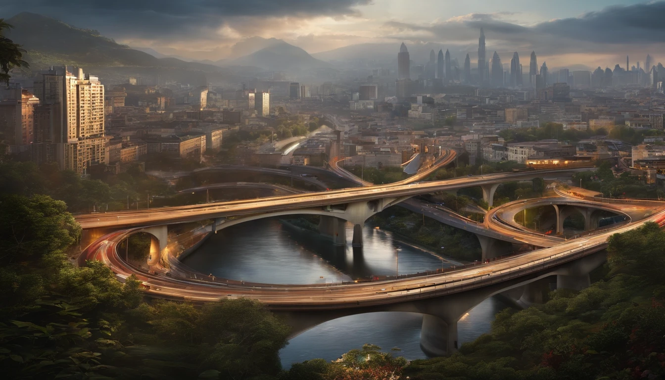 Best quality, 超高分辨率, (Photorealistic:1.4), Masterpiece, The background is blurred out,The main body is a bustling city on a ring,Traffic shuttles through the ring road,In the daytime ,bird's eyes view