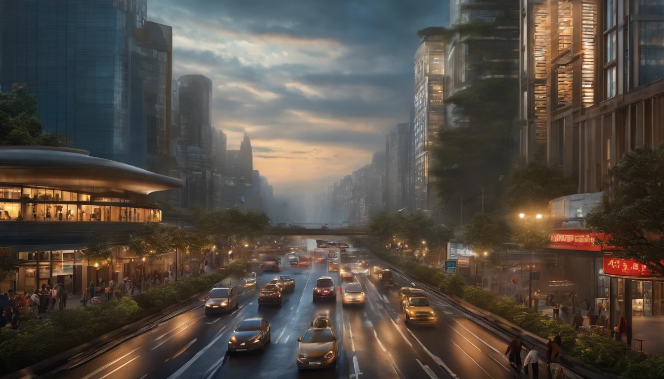 Best quality, 超高分辨率, (Photorealistic:1.4), Masterpiece, The background is blurred out,The main body is a bustling city on a ring,Traffic shuttles through the ring road,In the daytime ,bird's eyes view