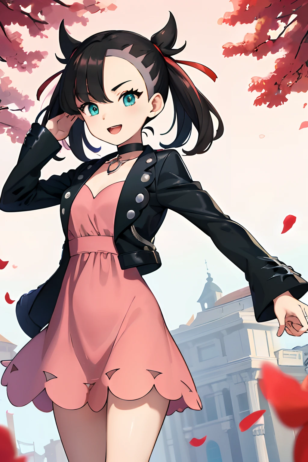 masterpiece, best quality, highres, hmmarnie, aqua eyes, black choker, red ribbon, pink dress, jewelry, black jacket, open clothes, long sleeves, cowboy shot, standing, field, holding poke ball, poke ball \(basic\), smile, open mouth,