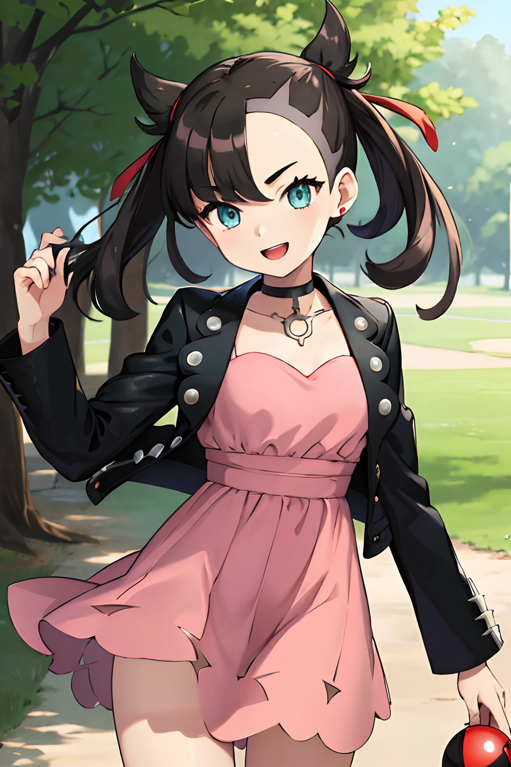 masterpiece, best quality, highres, hmmarnie, aqua eyes, black choker, red ribbon, pink dress, jewelry, black jacket, open clothes, long sleeves, cowboy shot, standing, field, holding poke ball, poke ball \(basic\), smile, open mouth,