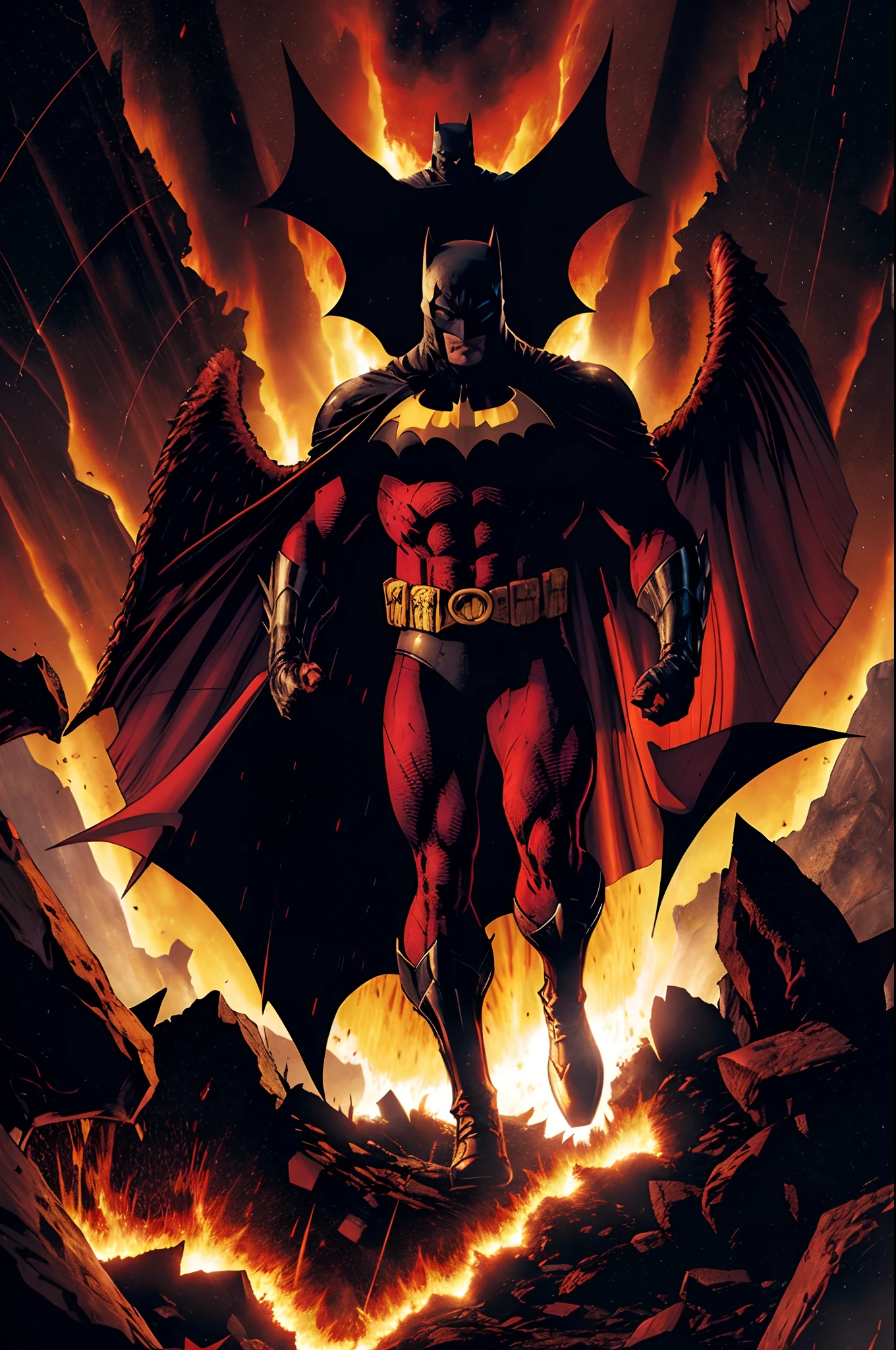 Batman esta no Inferno, Inferno de Dante,  and tries to get out of the red lavas around him with the strength of the Angels of heaven who emit white light to dry the fiery lavas on the ground so he can walk and come out of the depths of darkness