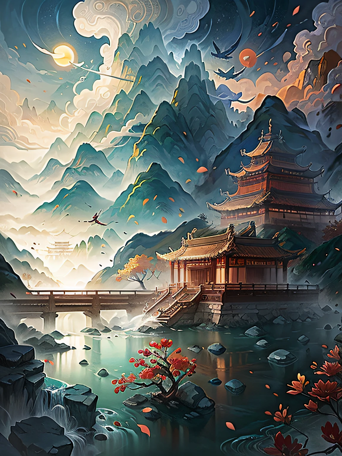 chinese wind mountains, river, auspicious clouds, pavilions, sunlight, masterpiece, super detail, epic composition, ultra hd, high quality, extremely detailed, official art, unified 8k wallpaper, super detail, 32k