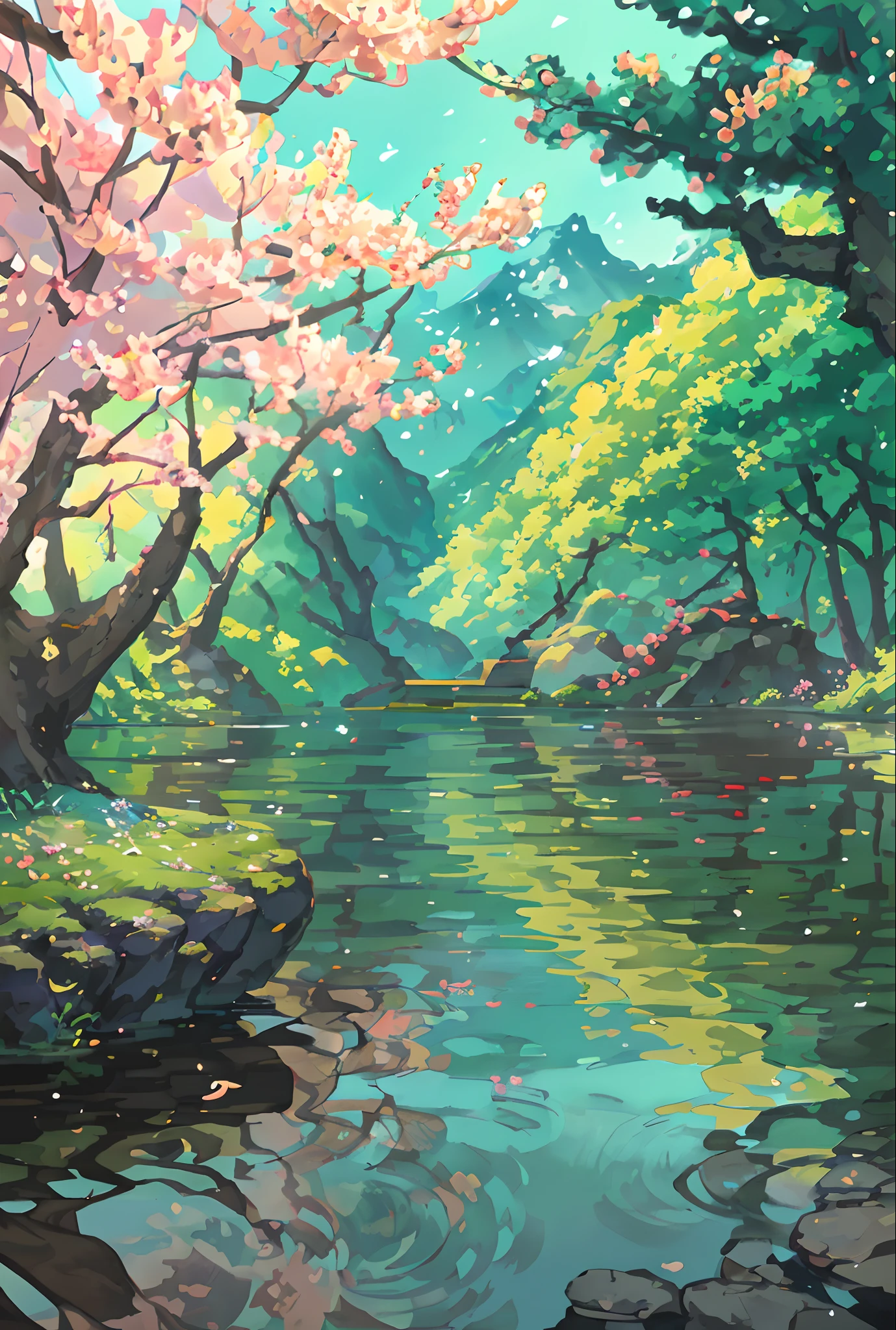 Chinese ancient times, spring, jungle, lake, cave, waterfall, tree, meadow, rock, deer, hot spring, water vapor, (illustration: 1.0), epic composition, realistic lighting, HD details, masterpiece, best quality, (very detailed CG unified 8k wallpaper)