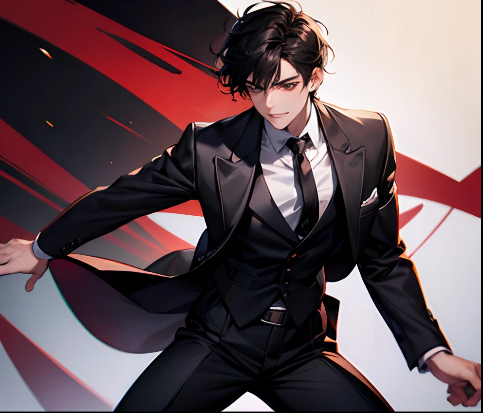 1 male,, 21years old, masculine, Black hair, Attractive,  Black tie, white  shirt, Black belt, Black pants, red-brown big eyes, Beautiful reddish-brown eyes、laught, Mischievous, Trending on ArtStation, 8K resolution, Highly detailed, Anatomically correct, Sharp Image, Digital Painting, Concept art, trending on pixiv, Beautiful、