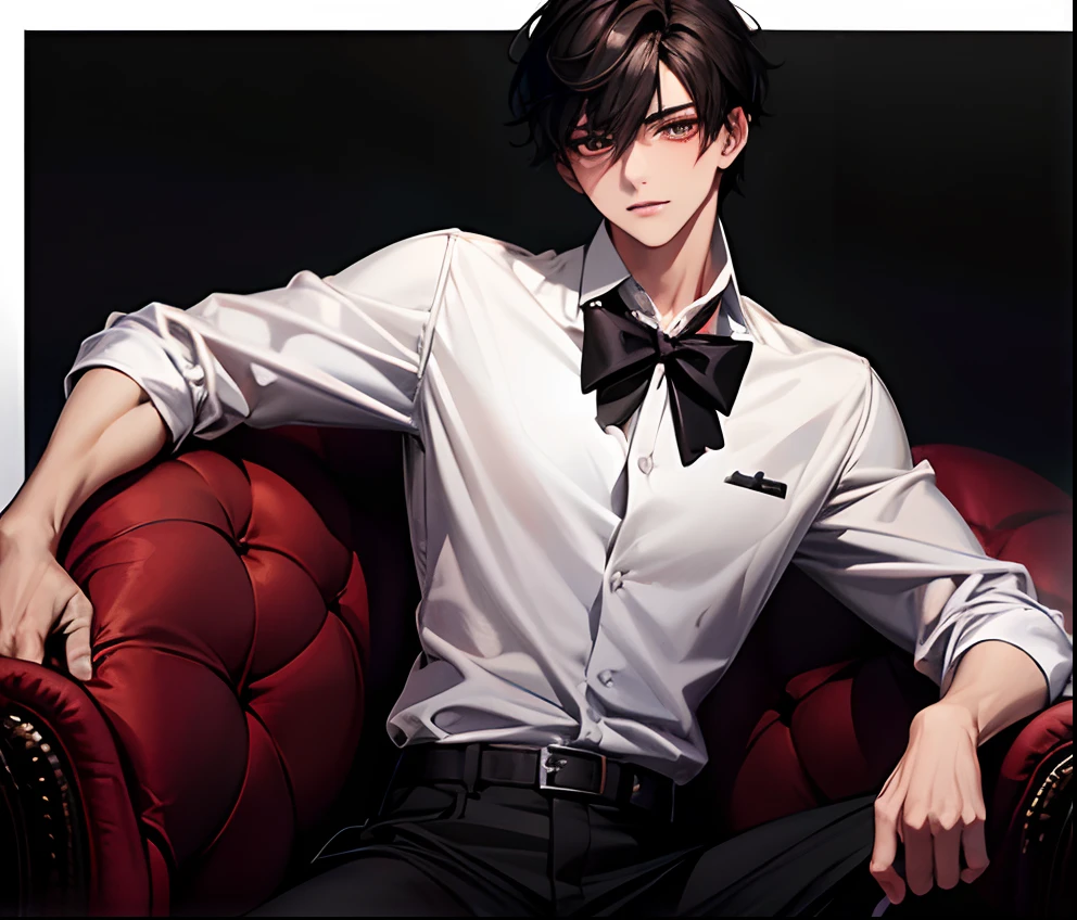 Anime guy in a white shirt and black bow tie sitting on a red chair ...