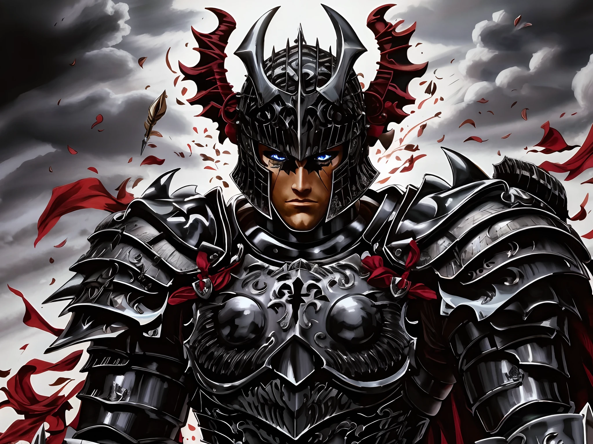 um close up de um homem de armadura com uma espada, Berserk Skullknight Armadura Negra, ares com armadura pesada e espada, Retrato de Guts de Berserk, Estilo de arte Berserk, Tripas de Berserk, cavaleiro do mal, gothic knight, guerreiro de fantasia em armadura completa, de Furioso, ornate gothic armor, Furioso, gothic armor, Tripas de Berserk