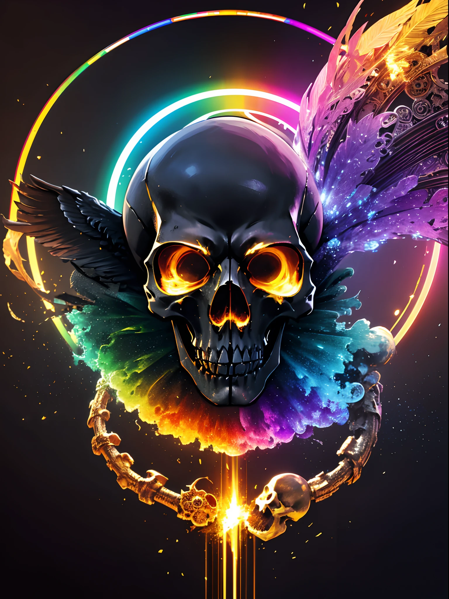 pixel sorted，Steampunk skull，flying petal，Metal polished skeleton painting of man on black background,A rainbow surrounds the skull，Form different structures， breath-taking rendering, Magical rainbow elements,Splendid round rainbow combination，circular composition，Solo