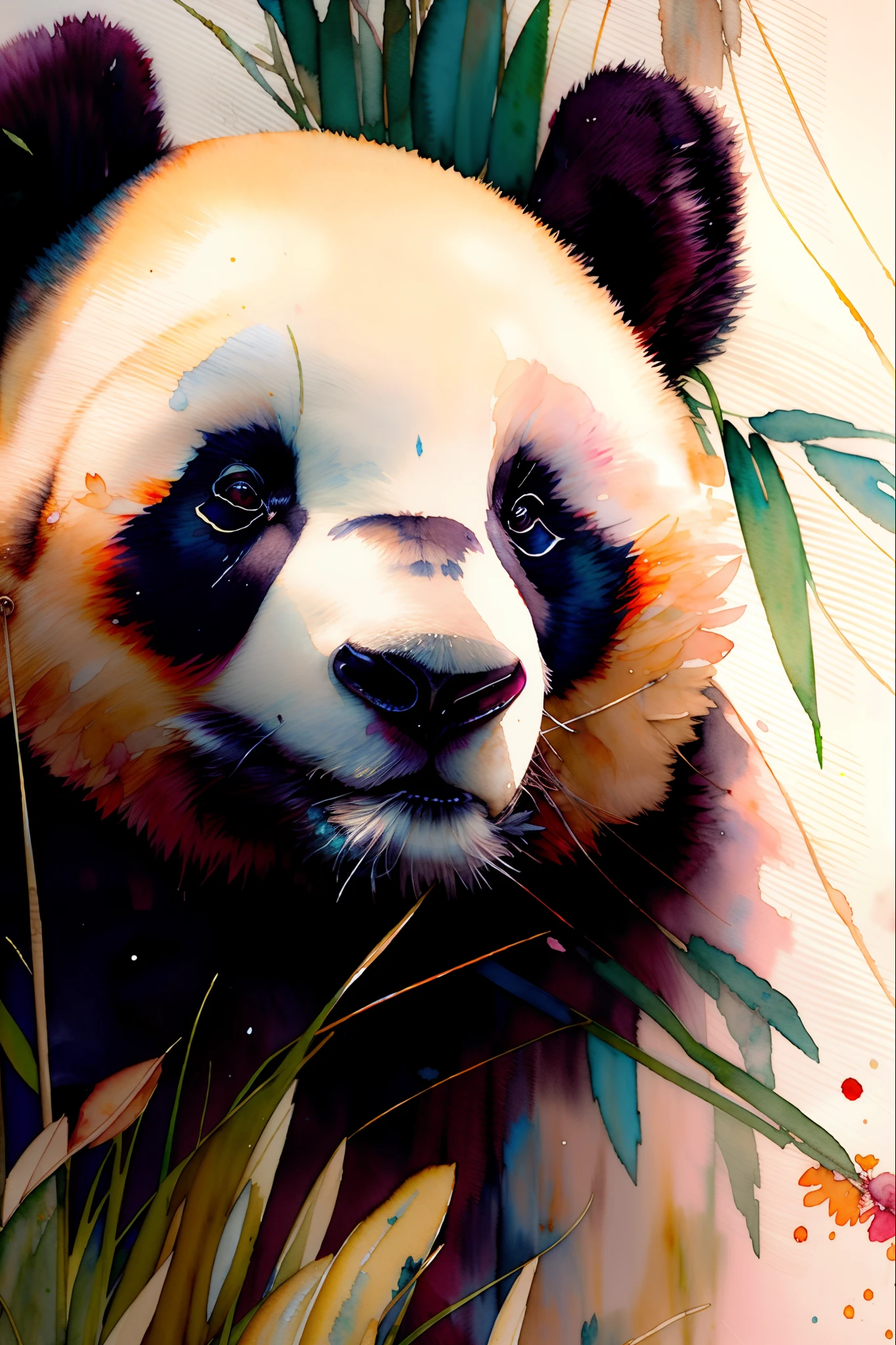 wtrcolor style, digital art for (panda character), official art, closeup, masterpiece, beautiful, ((watercolor)), front face, smile, detailed eyes, paint splatter, intricate details, very detailed, [dripping:0.7], Trending on Artstation, Jean Haines,