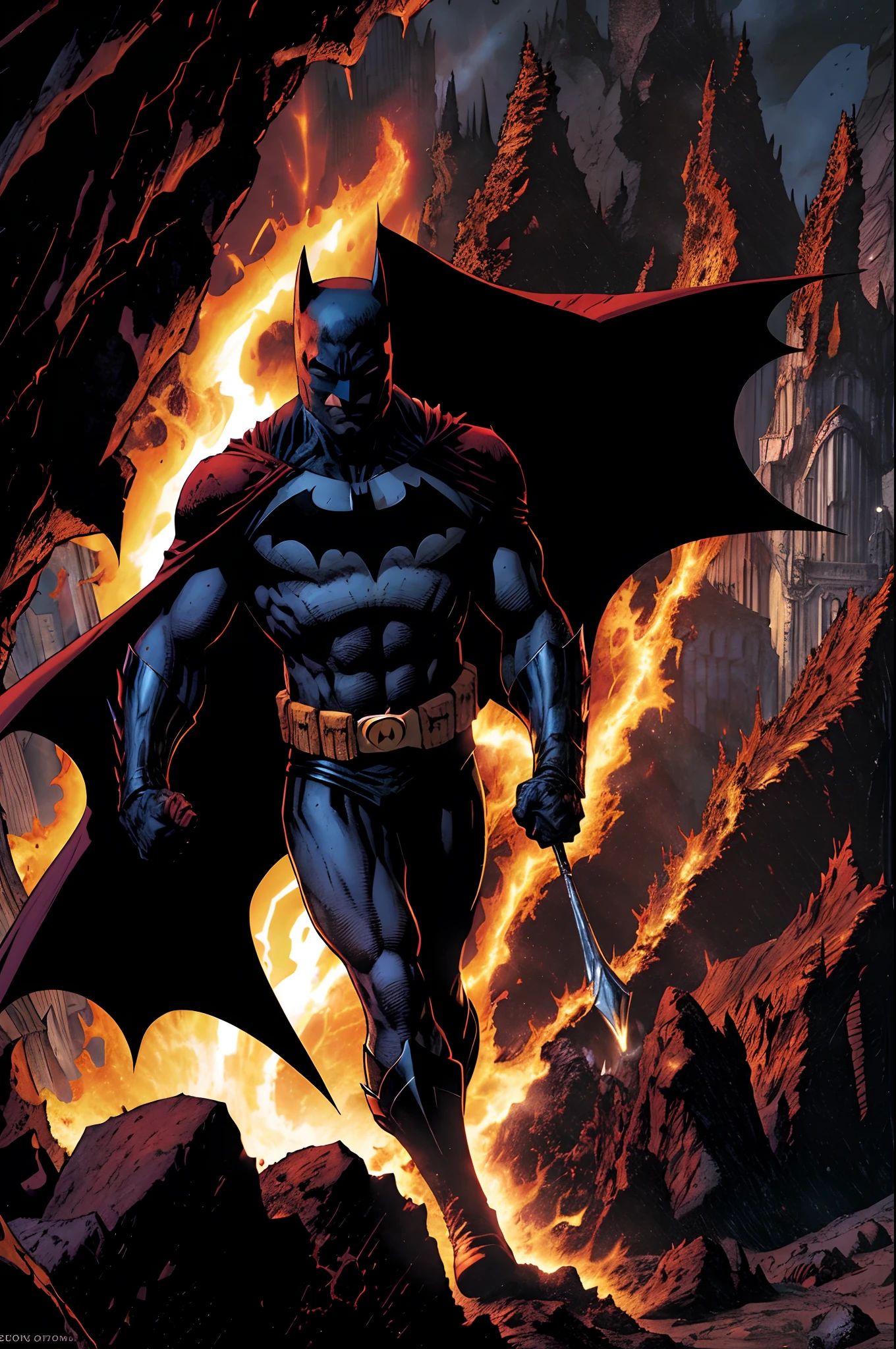 Batman esta no Inferno, Inferno de Dante,  and tries to get out of the red lavas around him with the strength of the Angels of heaven who emit white light to dry the fiery lavas on the ground so he can walk and come out of the depths of darkness